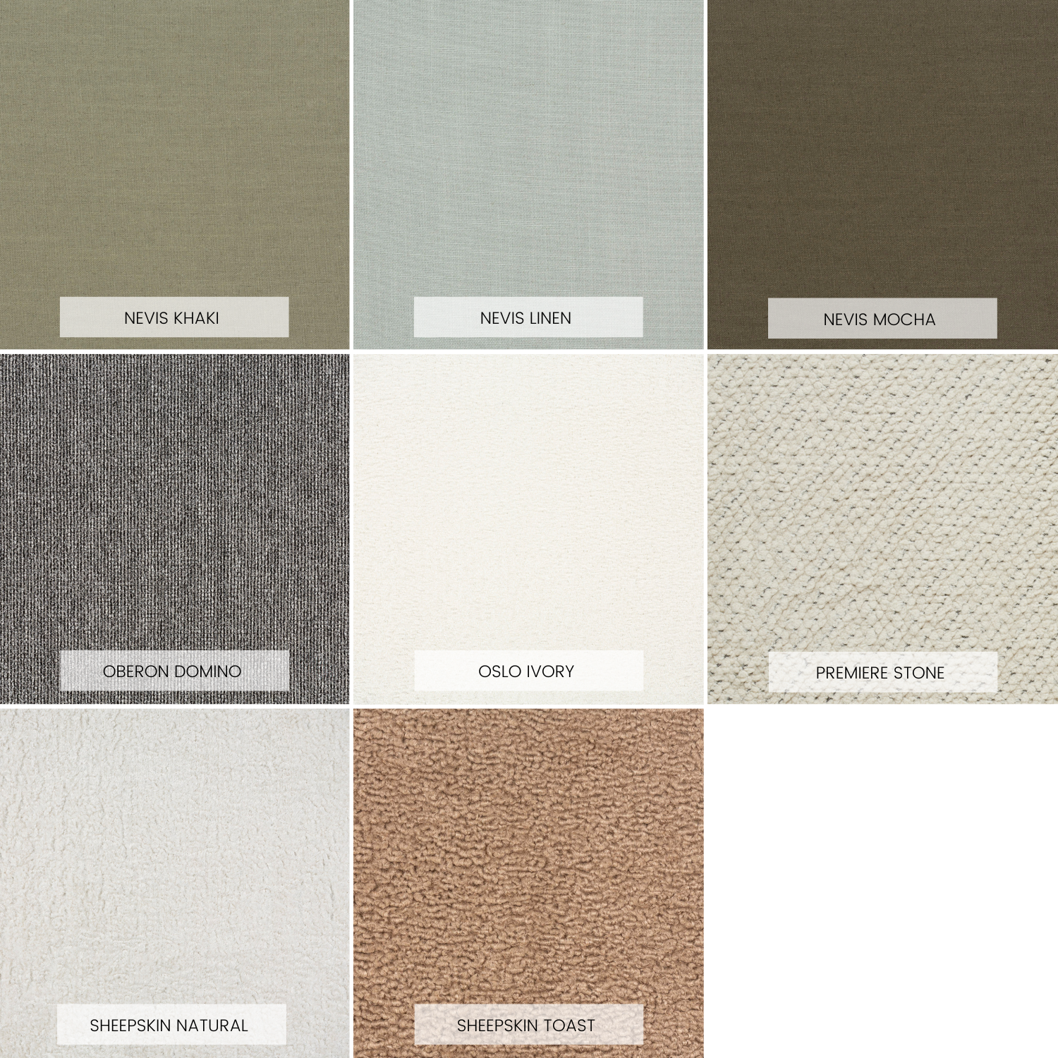 Fabric swatches including Nevis, Oberon, Oslo, Premiere, and Sheepskin options for California Sectional Chaise by GO HOME