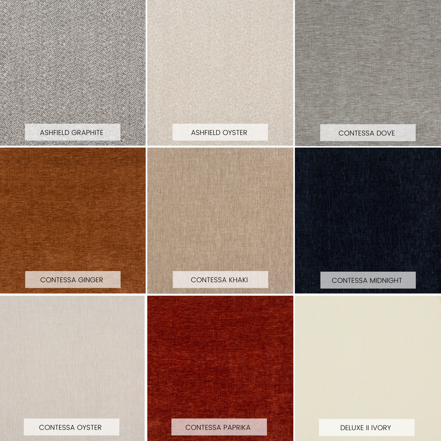 Fabric swatches for Brewer Chair upholstery options including Ashfield, Contessa, and Deluxe II Ivory by GO HOME