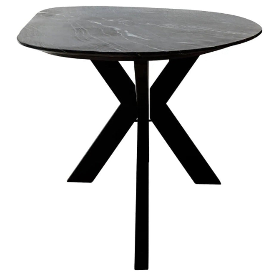 Ace Dining Table with black marine marble top and asymmetrical matte black iron legs by GO HOME
