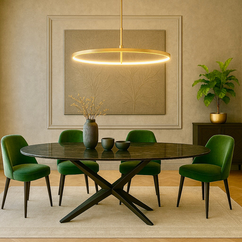 Ace Dining Table with black marine marble top and asymmetrical matte black iron legs in green chair setting GO HOME