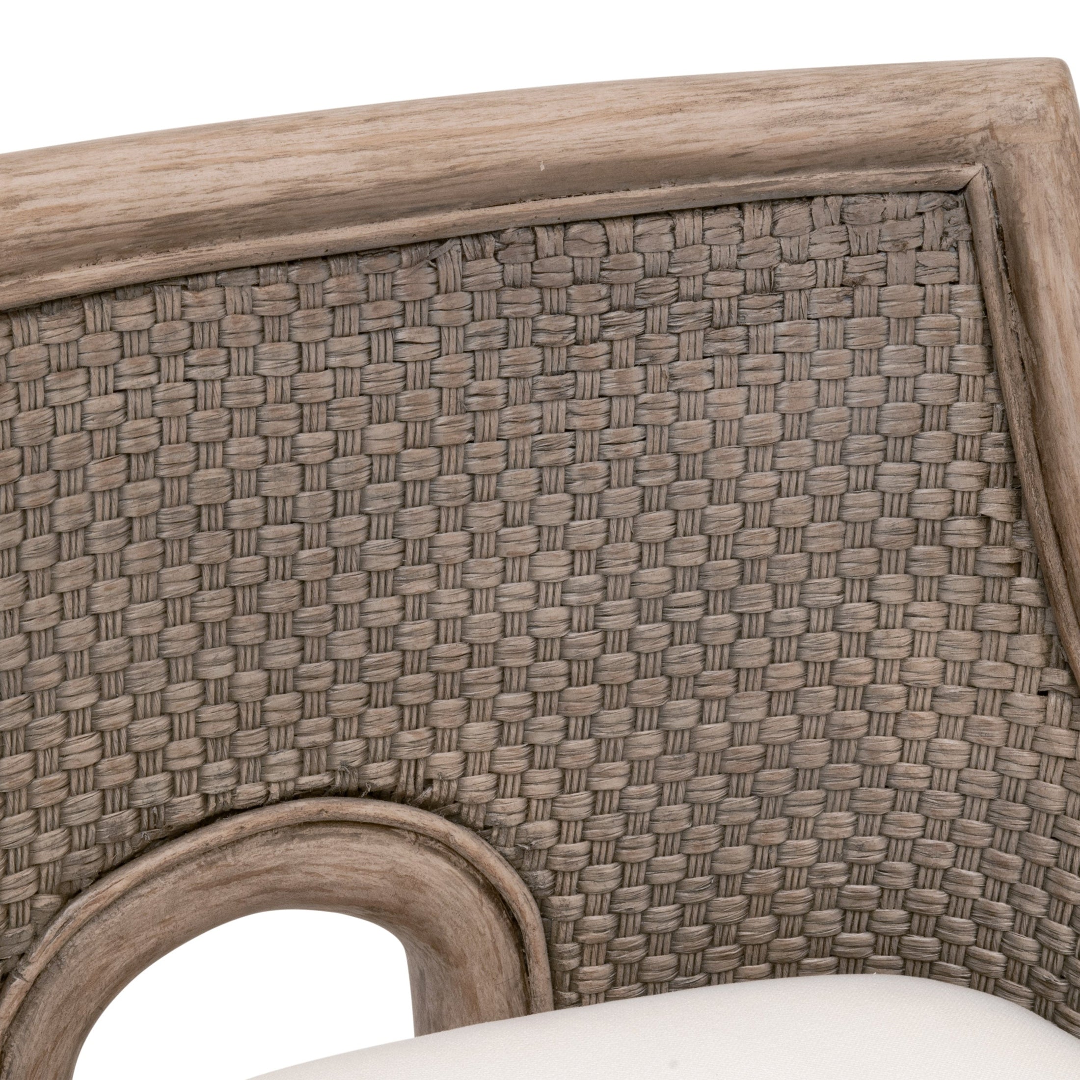 Close-up of handwoven Cabana Loom texture on Adamo Counter Stool back with French Gray mahogany frame Essentials for Living