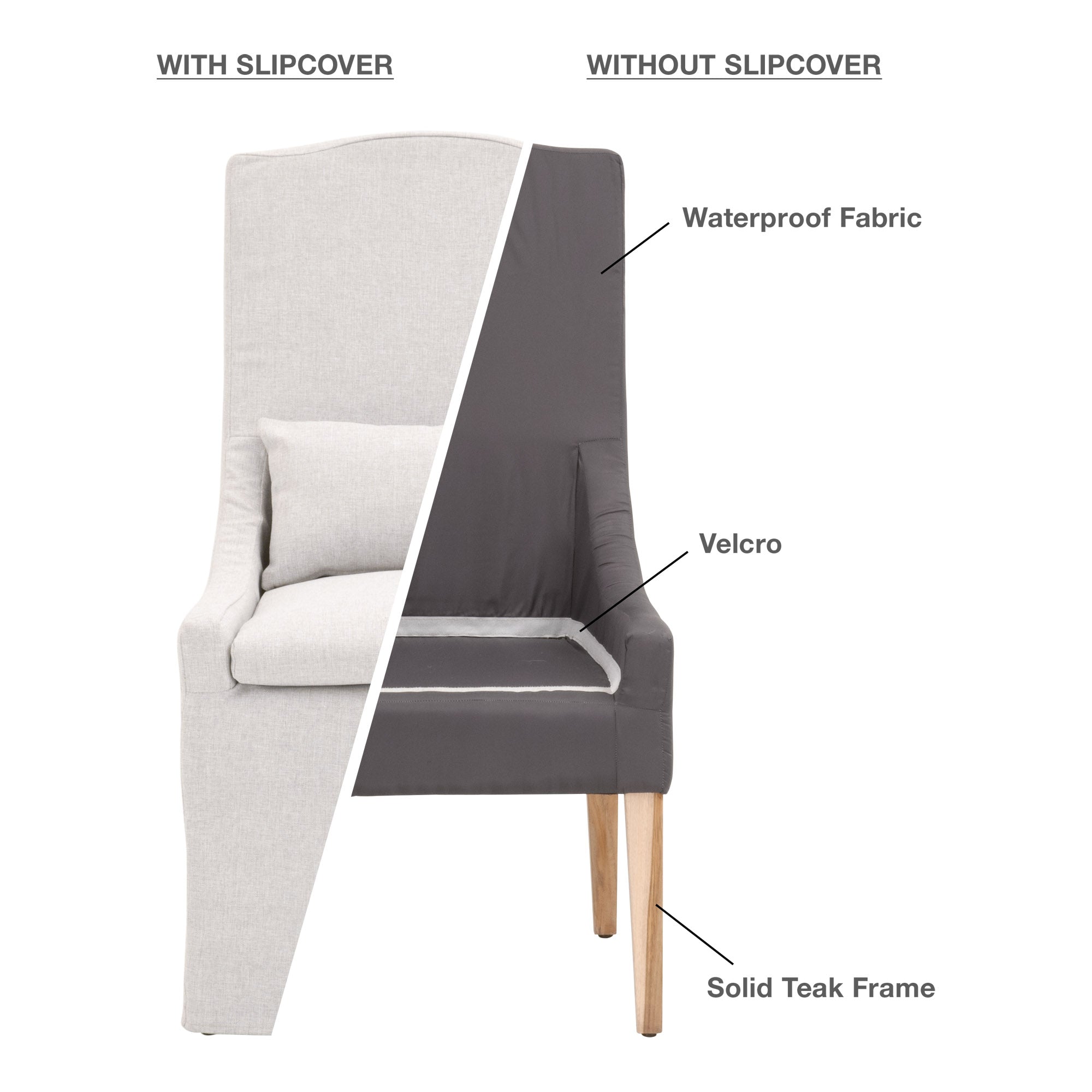Adele Outdoor Slipcover Dining Chair with removable weather-resistant slipcover and solid teak frame by Essentials for Living