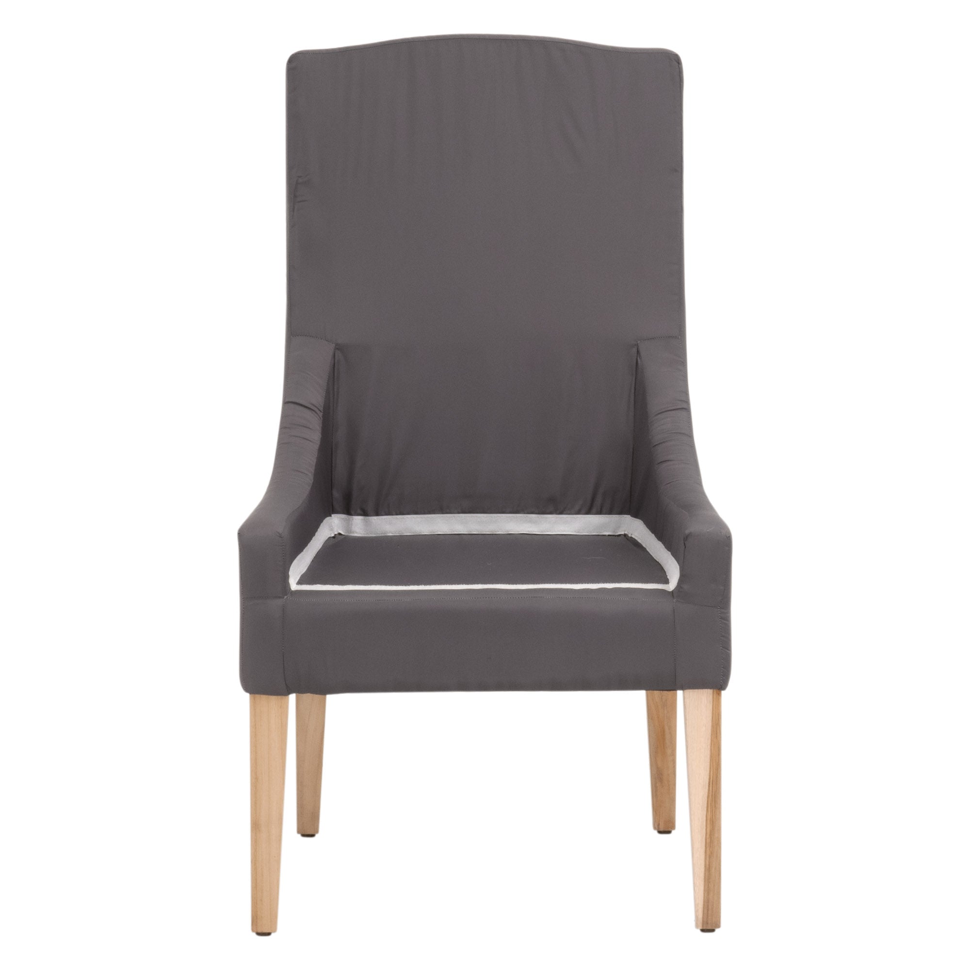 Adele Outdoor Slipcover Dining Chair with gray slipcover and solid teak base by Essentials for Living