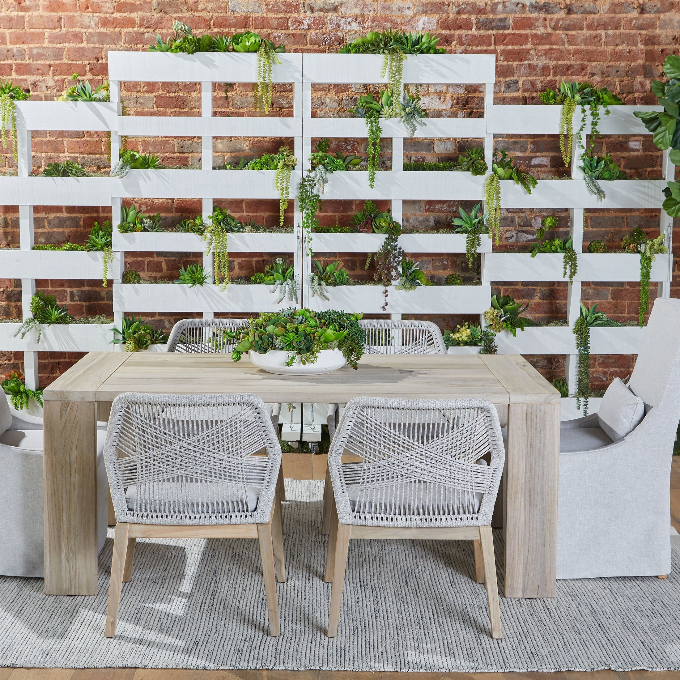 Adele Outdoor Slipcover Dining Chair with gray teak base and removable cushion by Essentials for Living