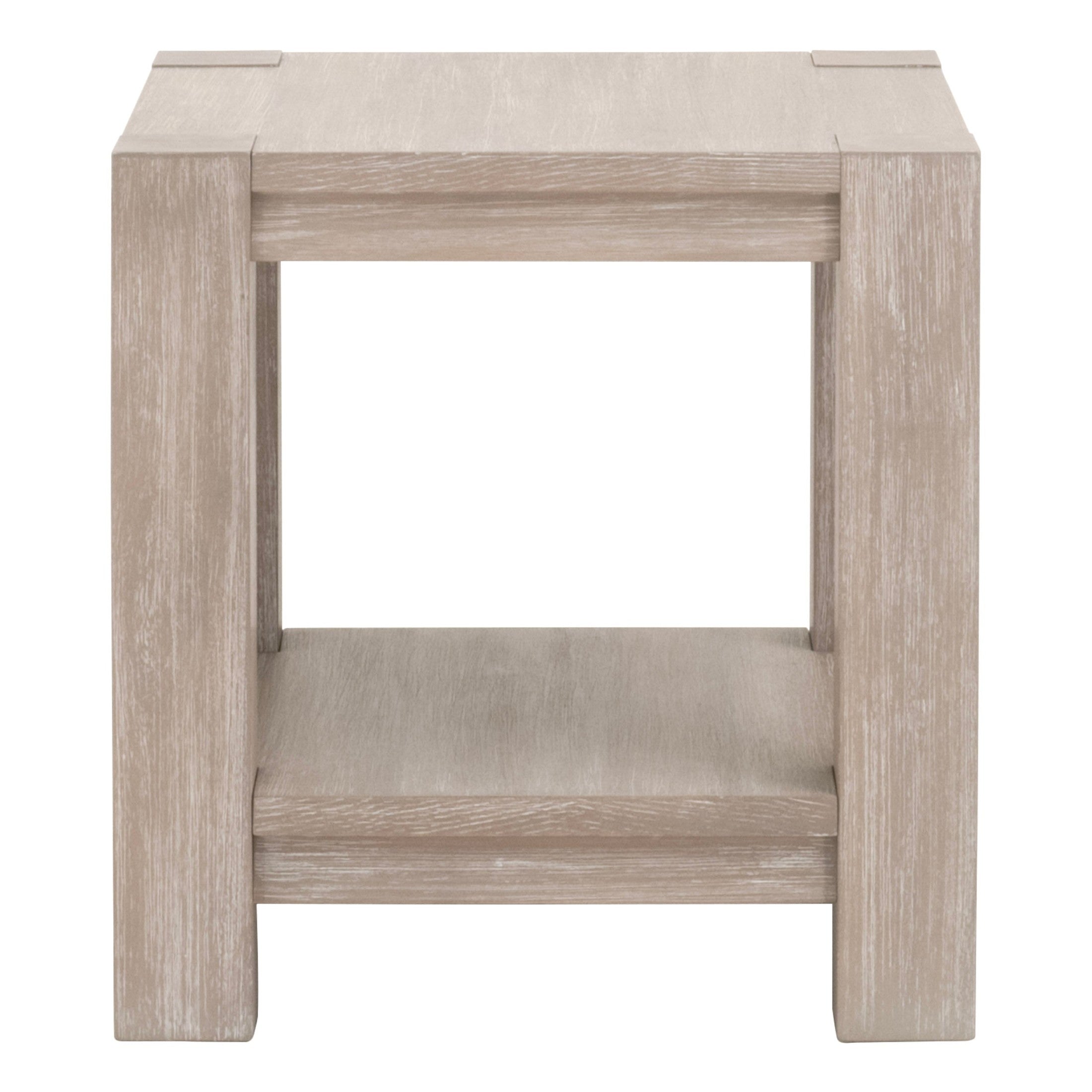 Adler End Table in natural wood finish with sturdy square design and lower shelf, Essentials for Living.