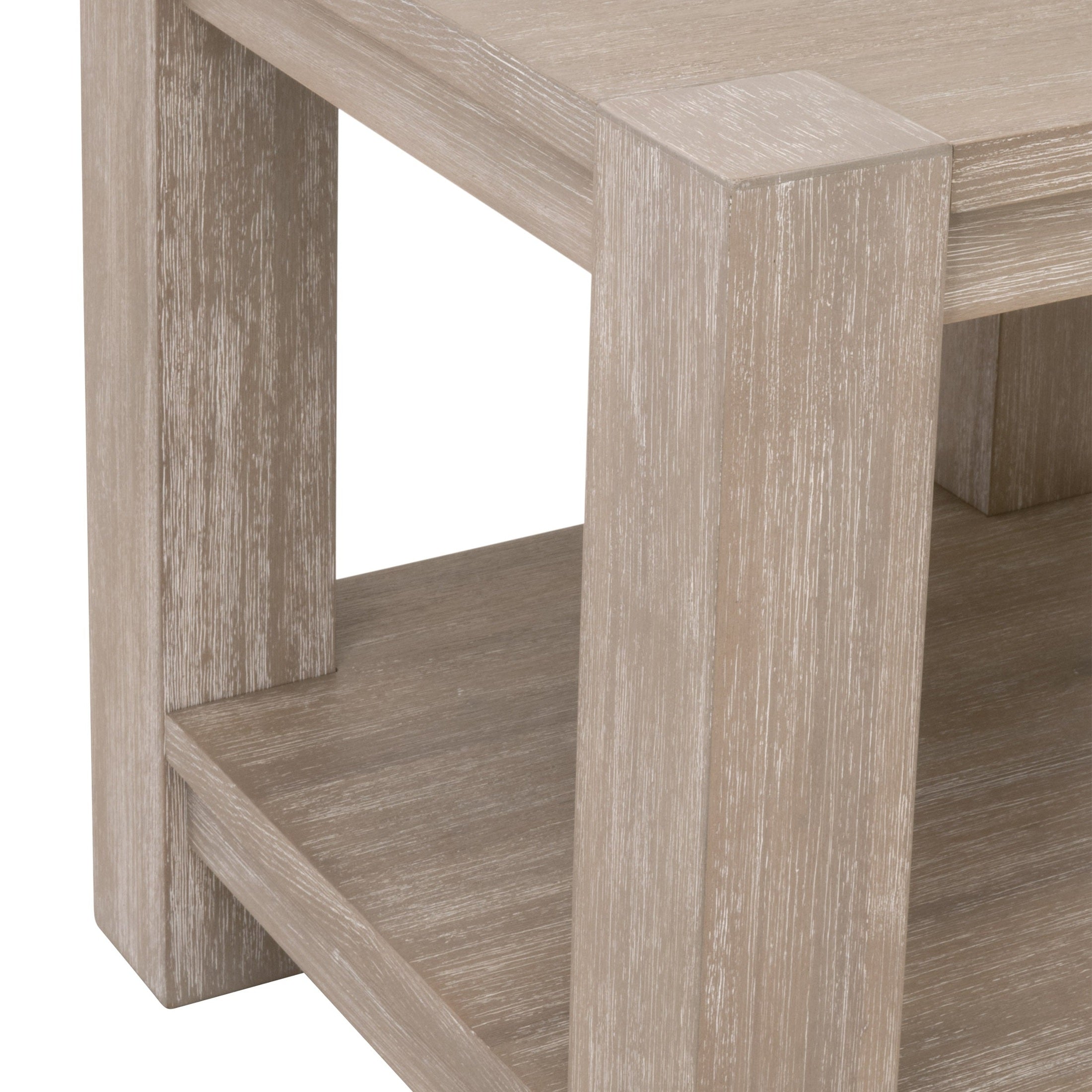 Close-up of light wood grain and lower shelf of Adler End Table by Essentials for Living