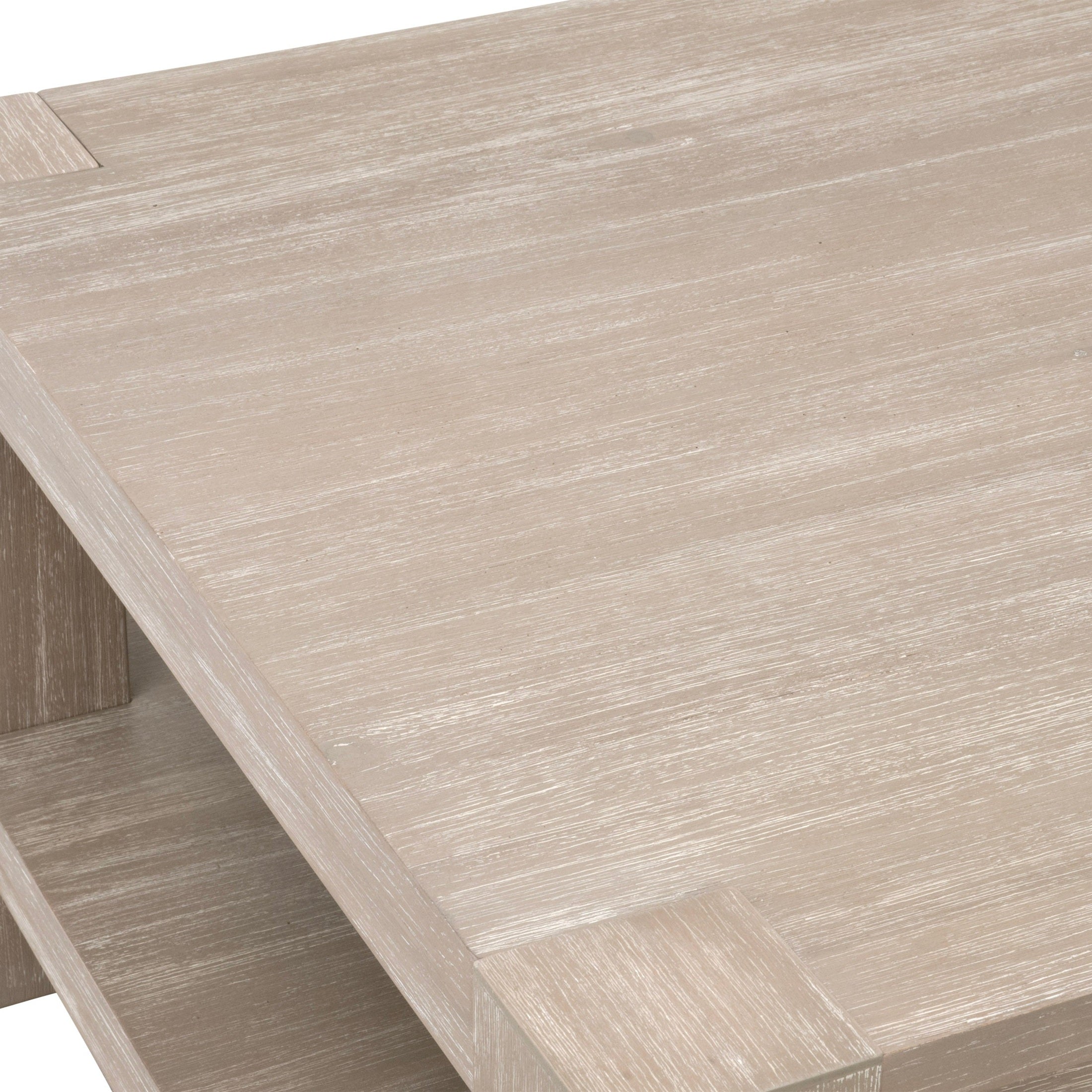 Close-up of Adler Rectangular Coffee Table’s distressed gray wood grain and solid beech frame by Essentials for Living
