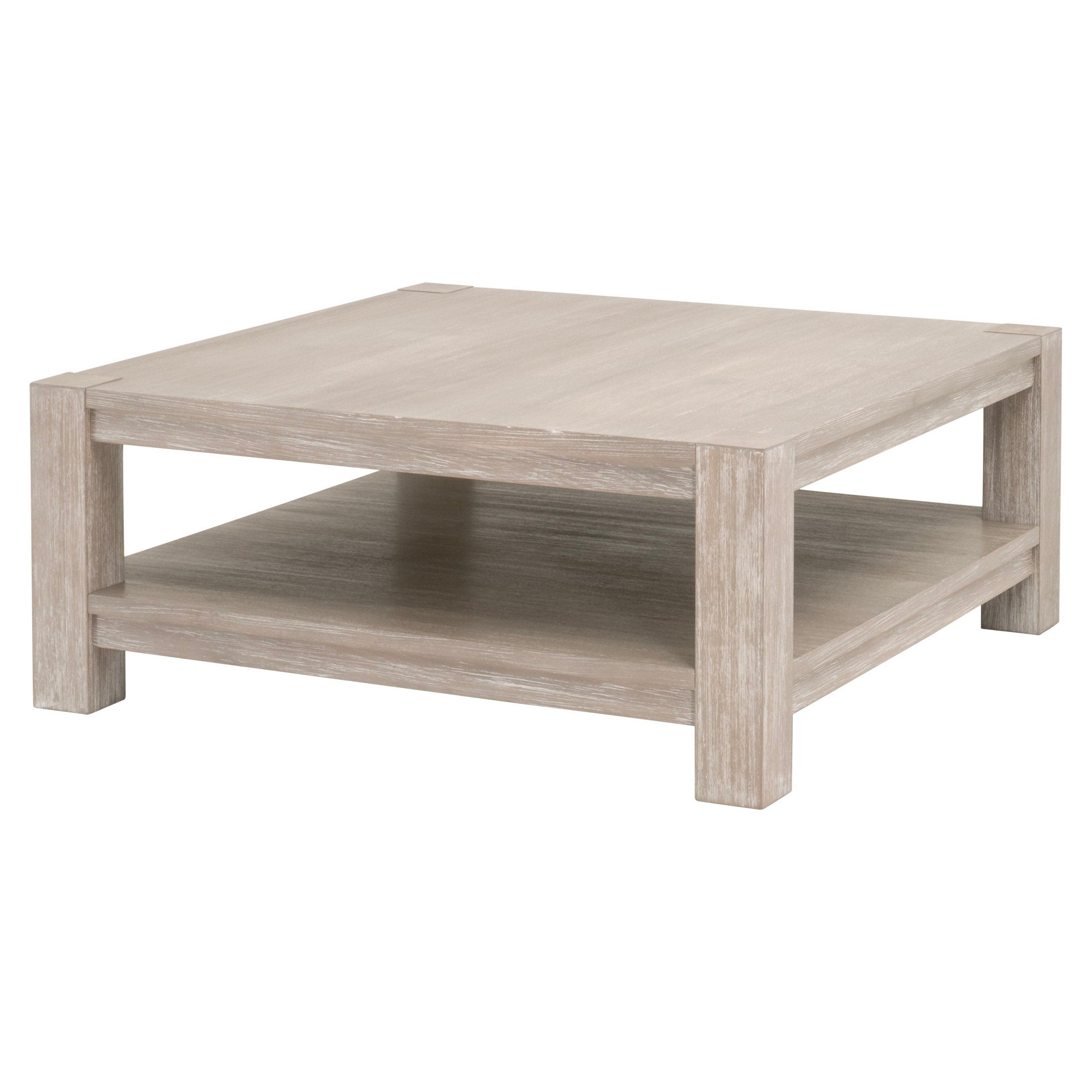 Adler Square Coffee Table in natural gray finish with spacious lower shelf solid wood design Essentials for Living