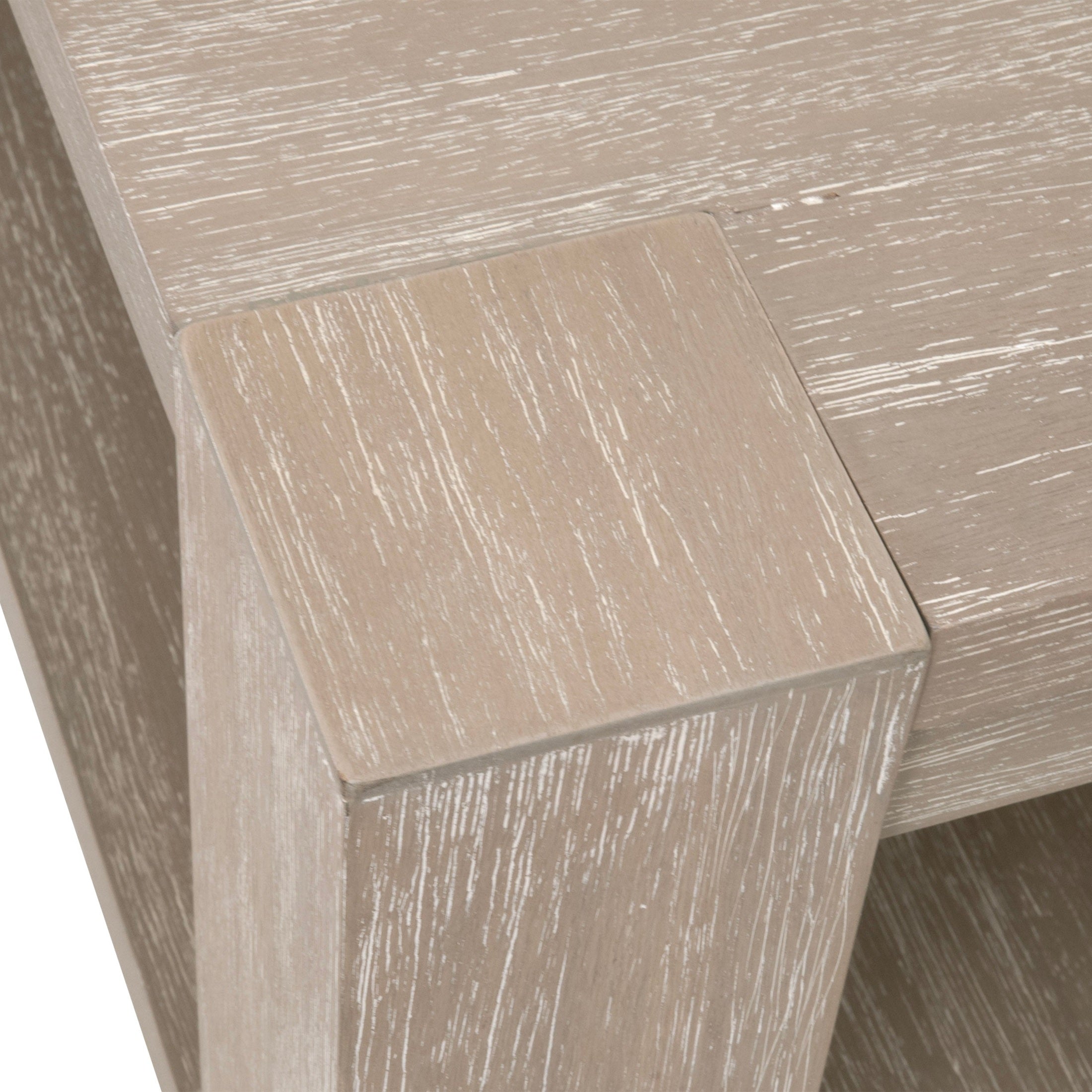 Close-up of Adler Square Coffee Table corner with natural gray distressed finish by Essentials for Living