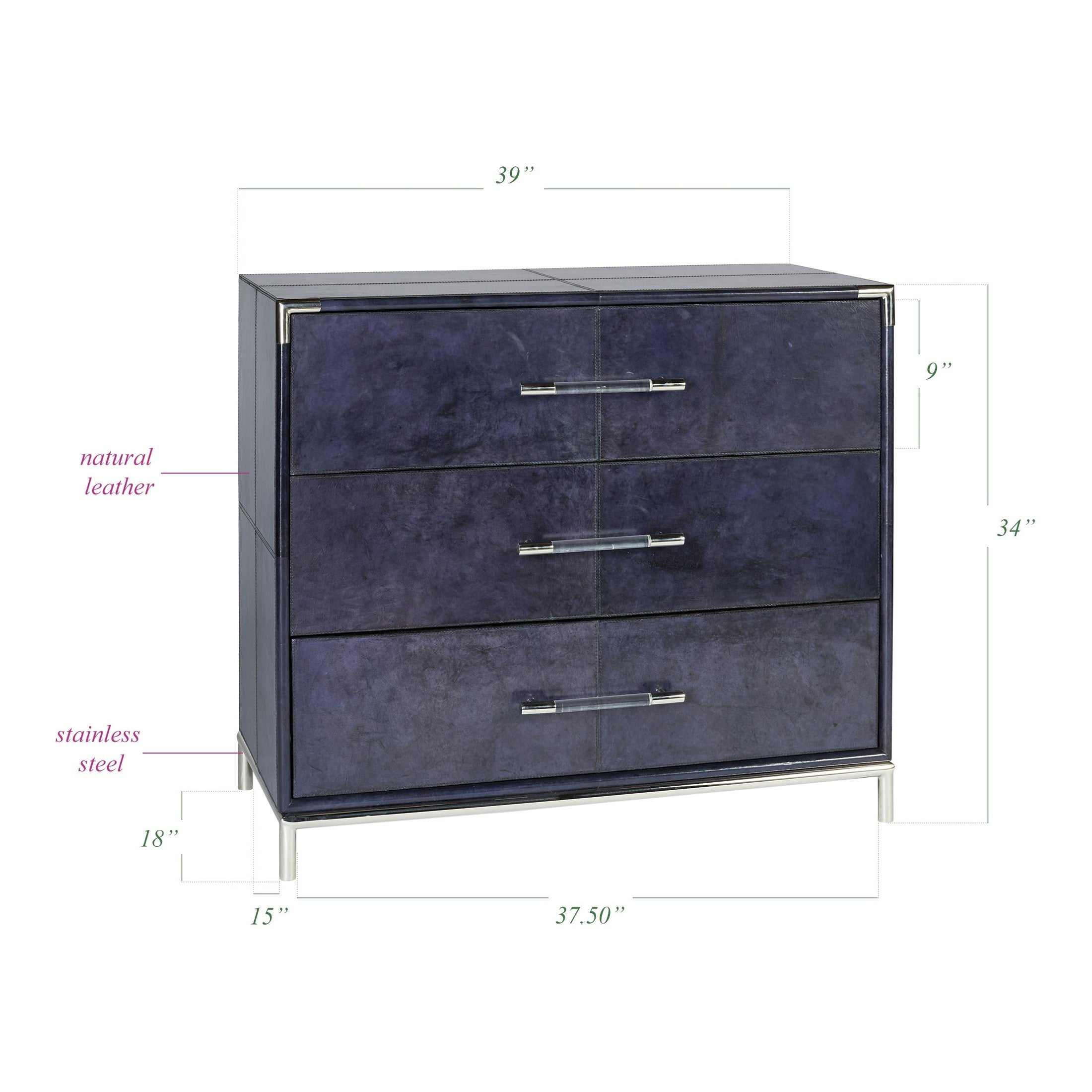 Aria Chest of Drawers in navy leather with stainless steel handles and legs, modern design by GO HOME