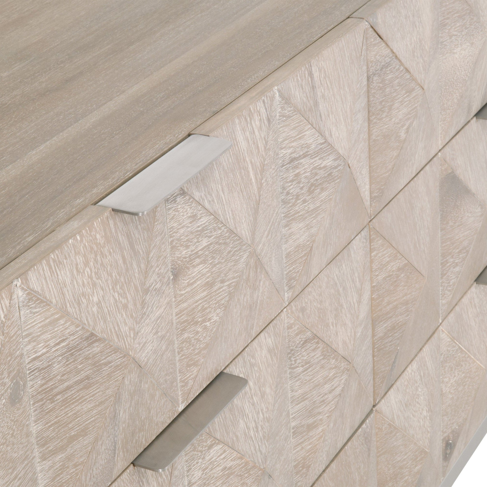Close-up of Atlas 6-Drawer Double Dresser with 3D diamond drawer fronts and brushed stainless steel handles by Essentials for Living