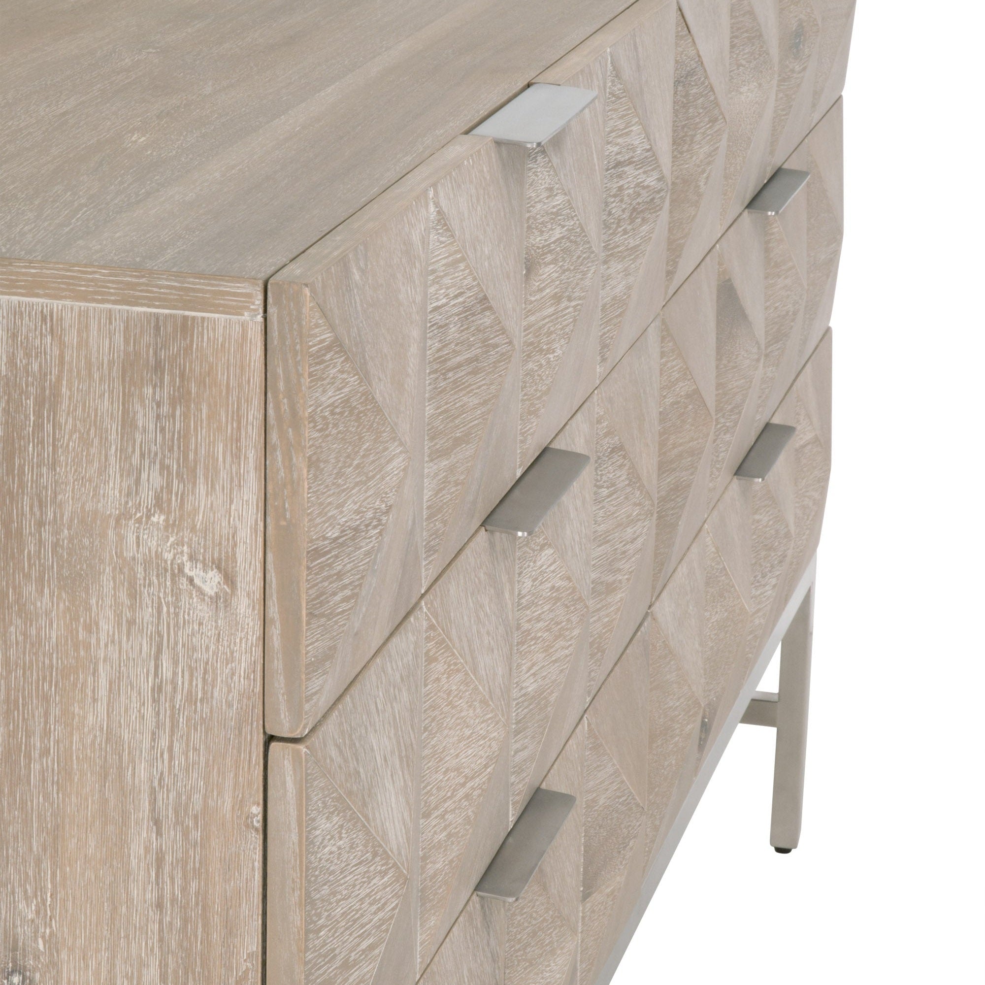Close-up of Atlas 6-Drawer Double Dresser with 3D diamond fronts and stainless steel handles by Essentials for Living