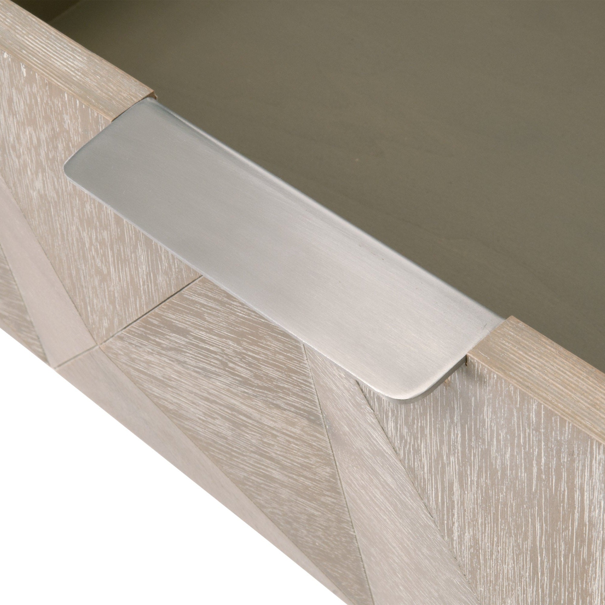 Close-up of natural gray diamond-pattern drawer front with brushed stainless steel handle on Atlas 6-Drawer Double Dresser by Essentials for Living