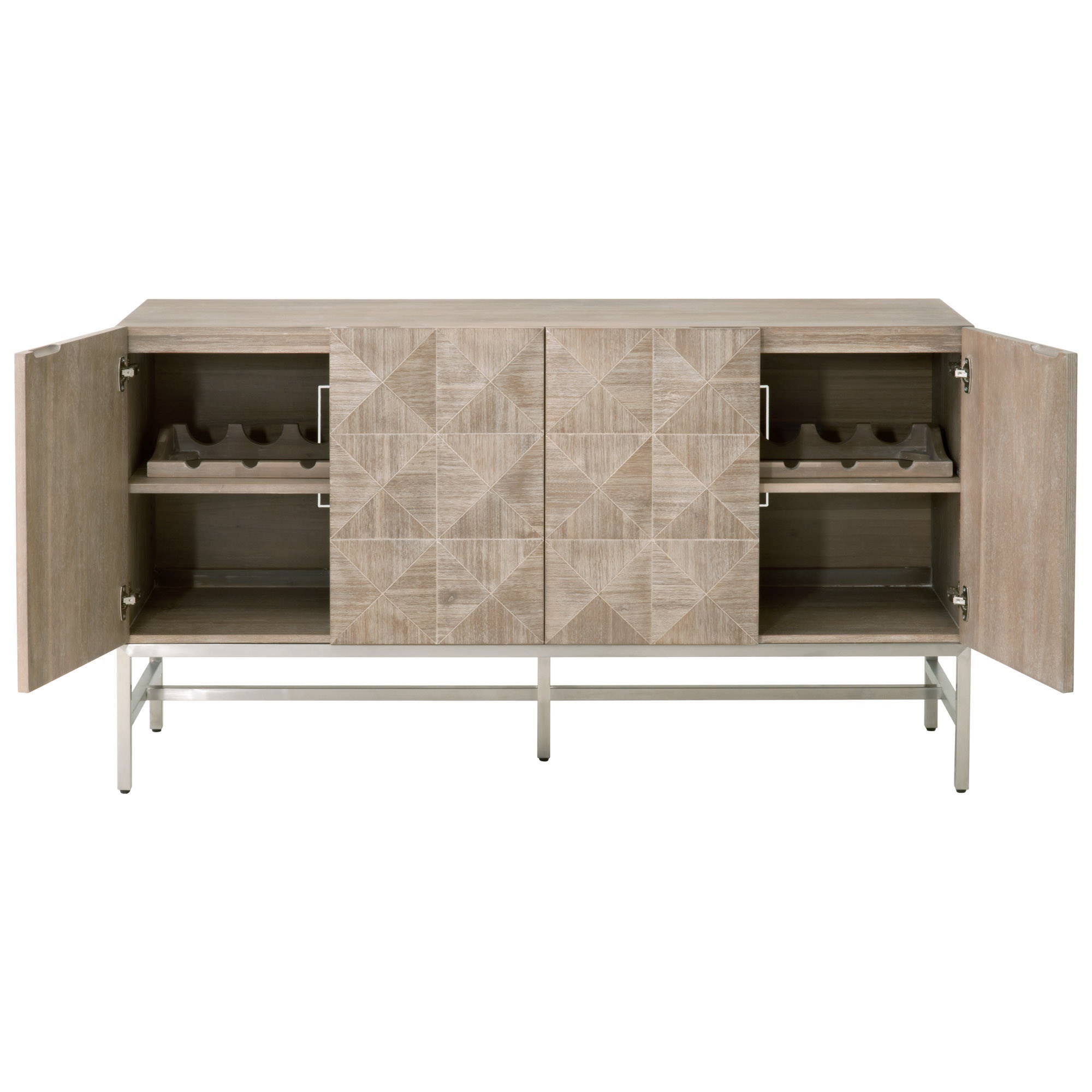 Atlas Media Sideboard with raised diamond-pattern doors and wine racks in natural gray finish by Essentials for Living