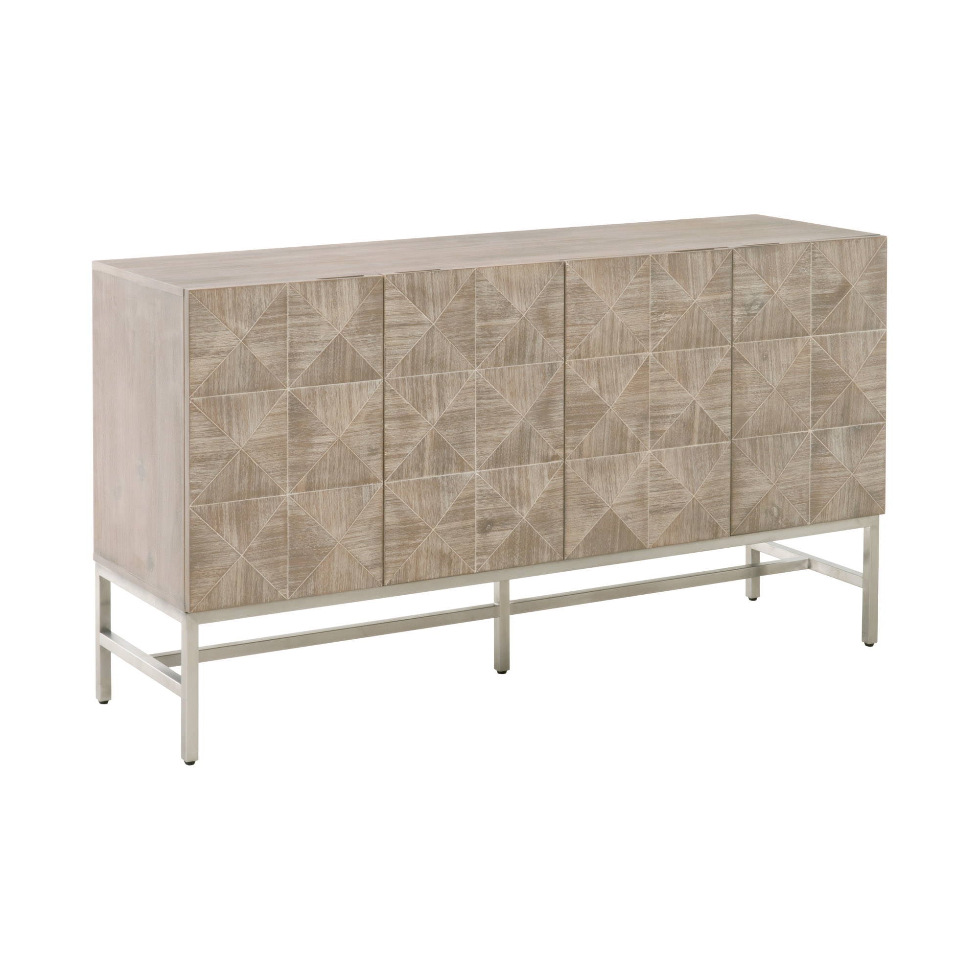 Atlas Media Sideboard with 3D diamond-pattern doors in natural gray acacia and stainless steel base by Essentials for Living