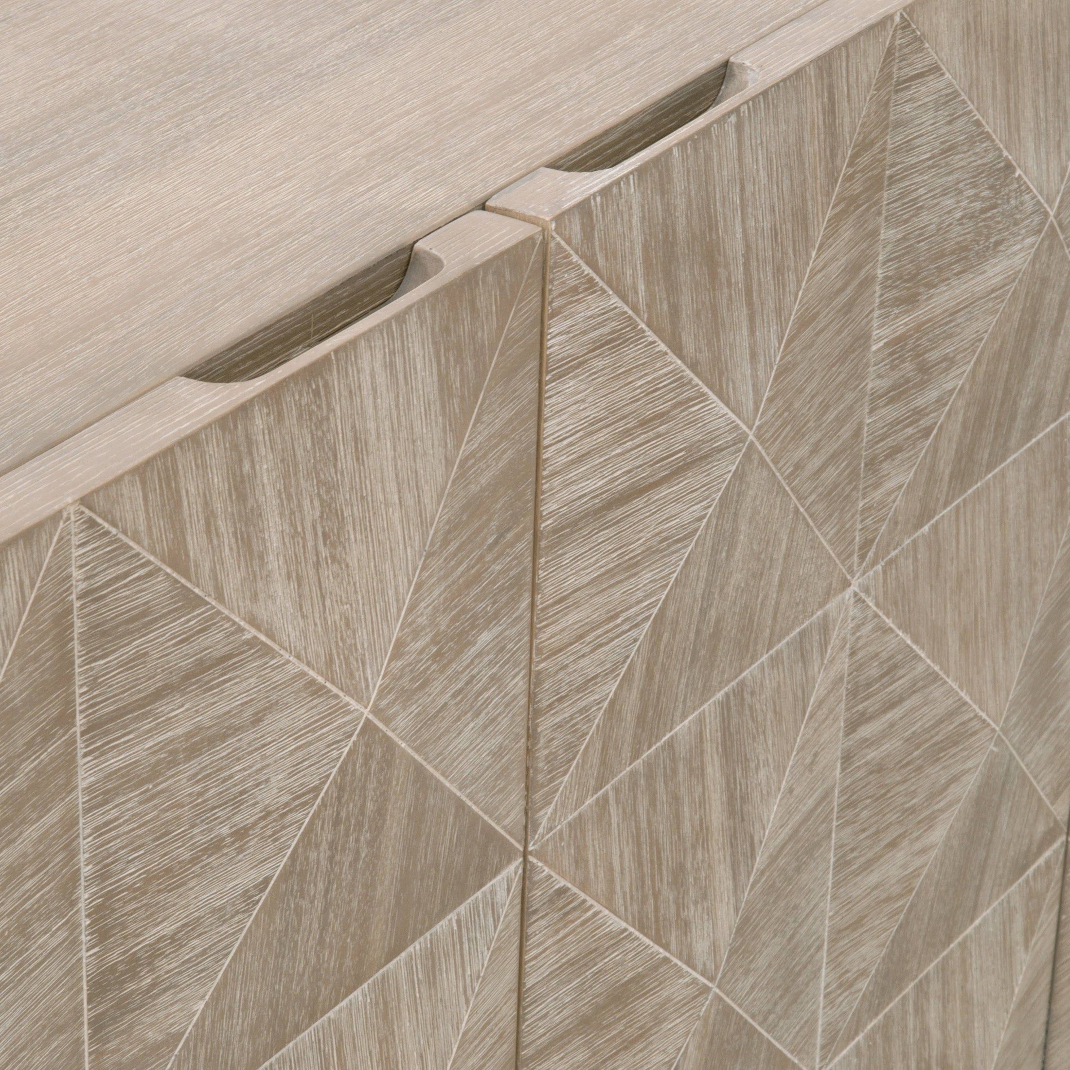 Close-up of natural gray sandblasted wood with raised 3D diamond-pattern doors on the Atlas Media Sideboard by Essentials for Living