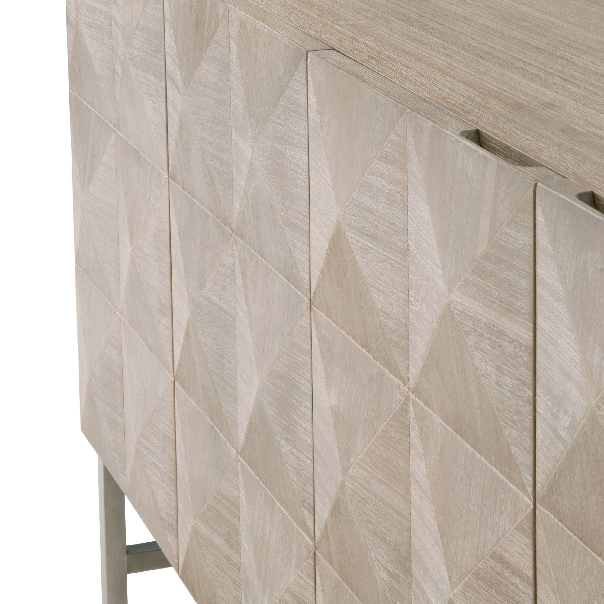 Close-up of Atlas Media Sideboard natural gray acacia 3D diamond-pattern door front by Essentials for Living