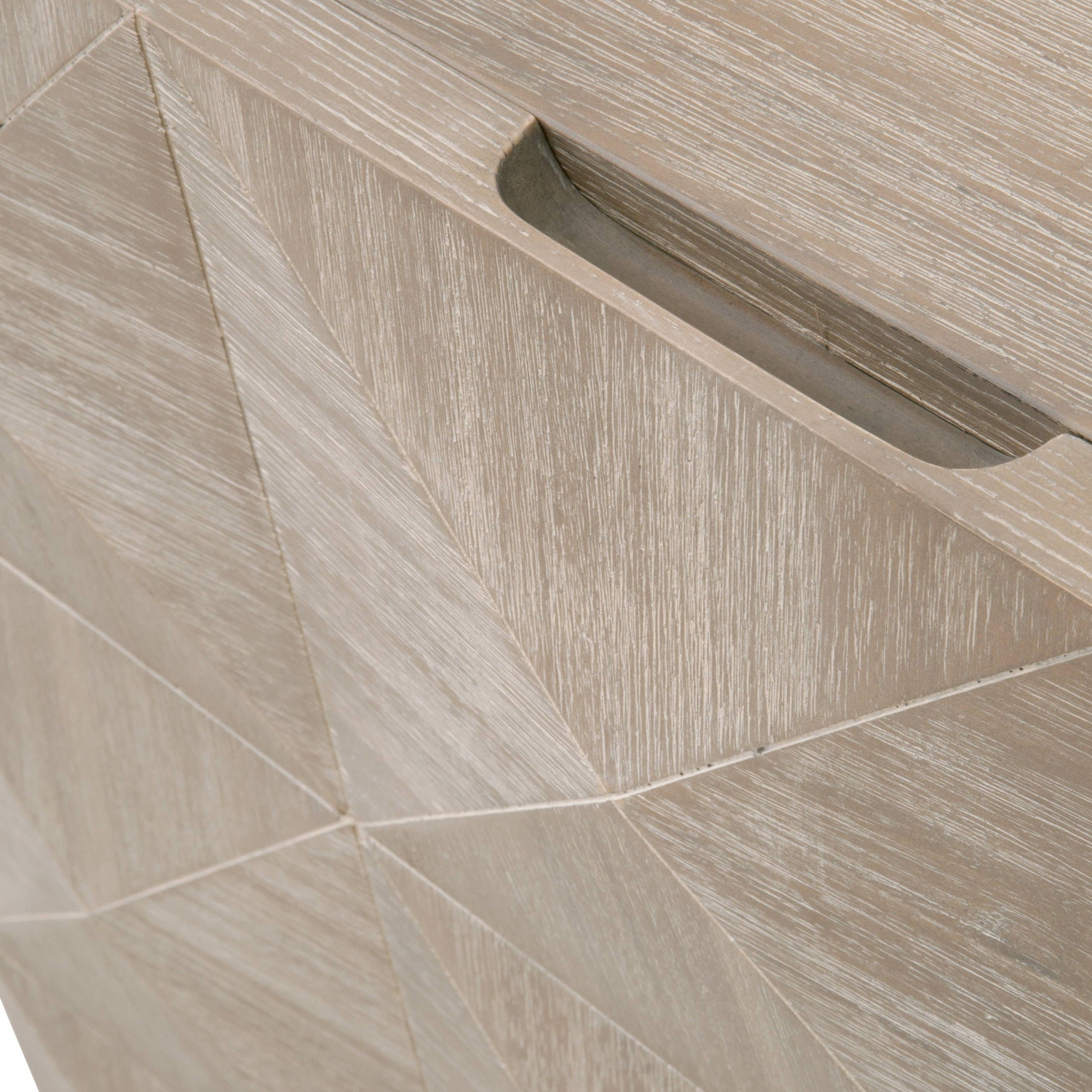 Close-up of Atlas Media Sideboard natural gray acacia wood with 3D diamond-pattern door fronts by Essentials for Living
