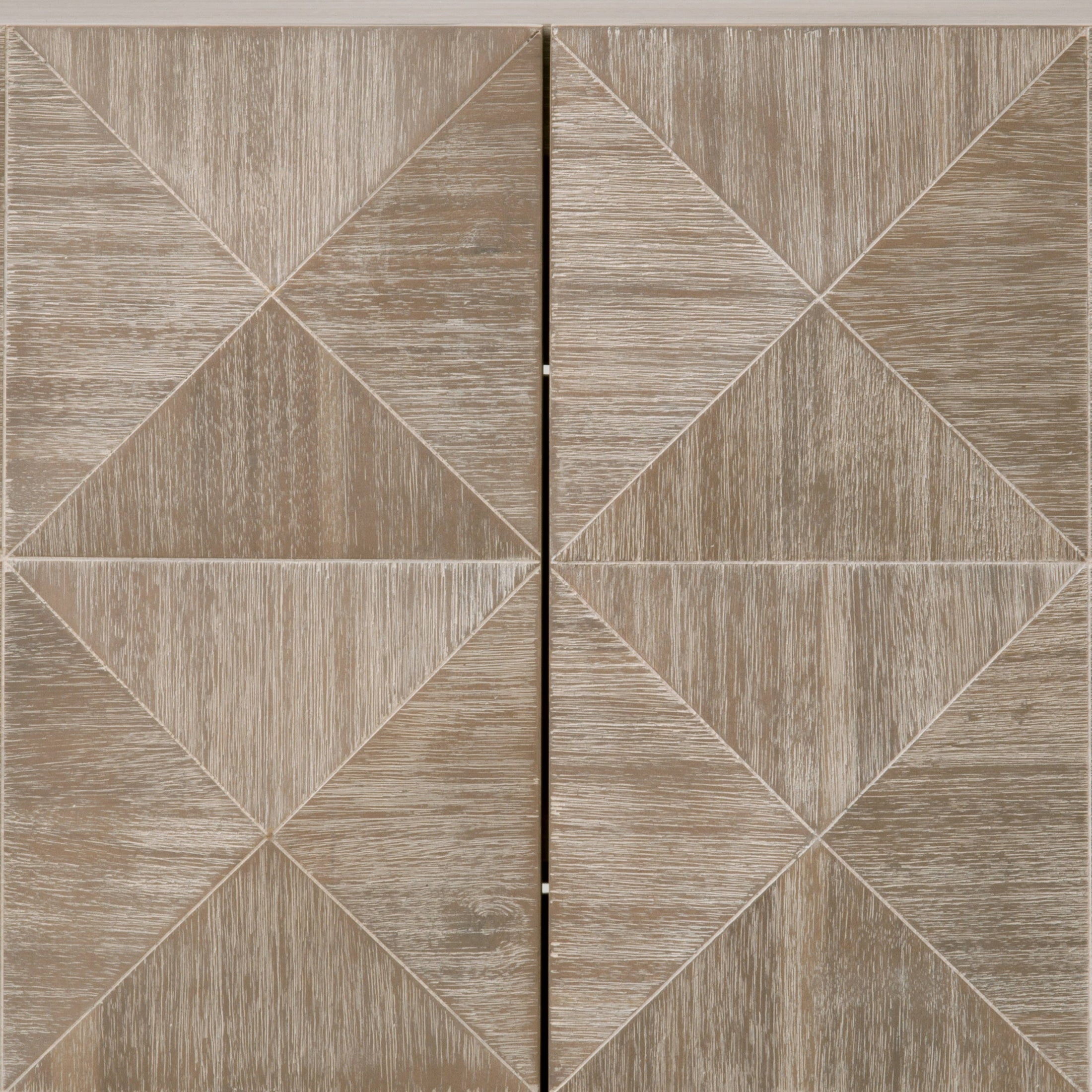 Close-up of raised 3D diamond-pattern door fronts on Atlas Media Sideboard in natural gray by Essentials for Living