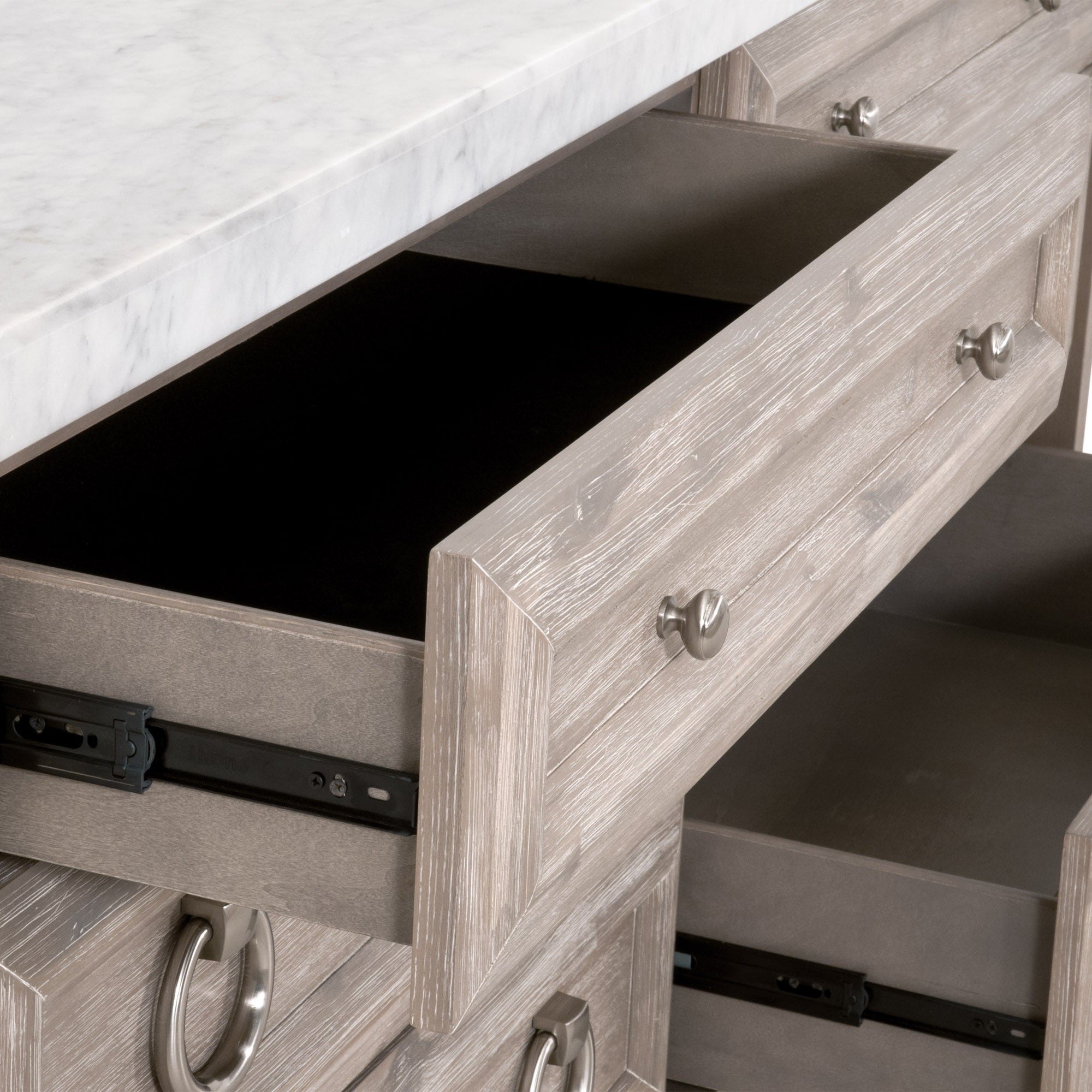 Open drawer detail of Azure Carrera 6-Drawer Double Dresser with marble top by Essentials for Living