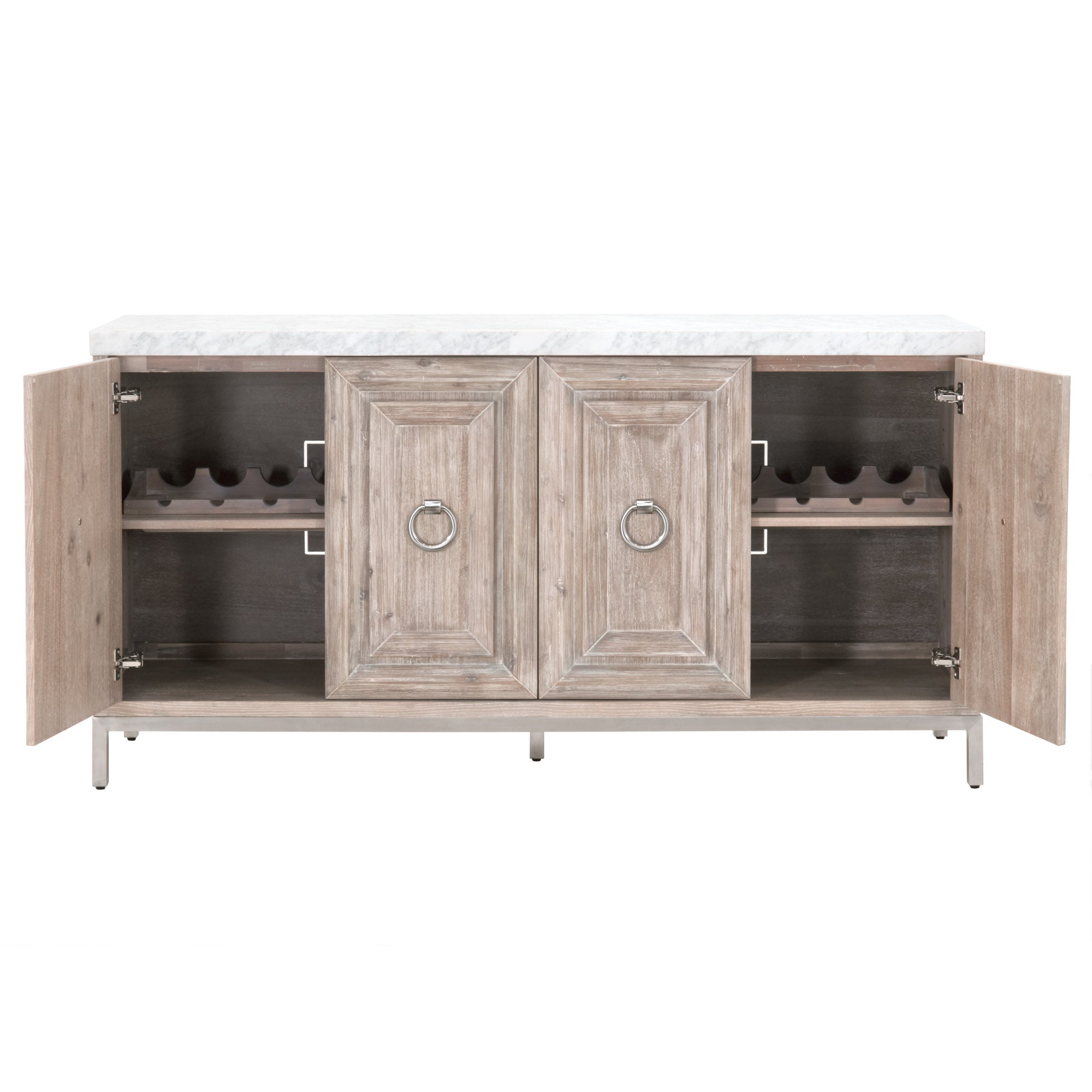 Azure Carrera Media Sideboard with Italian Carrera marble top, adjustable shelves, and wine racks by Essentials for Living