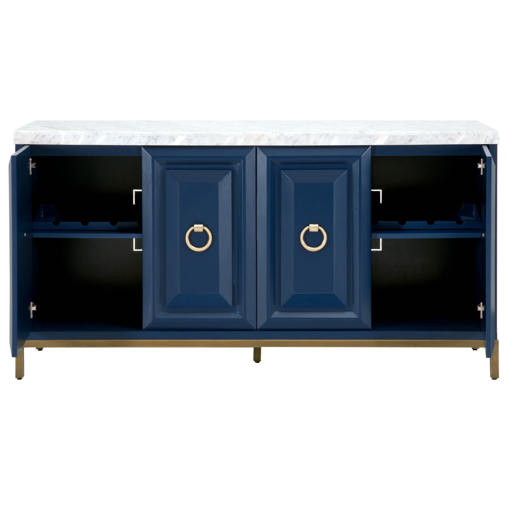 Azure Carrera Media Sideboard with Italian Carrera marble top, navy lacquer, and brushed gold accents by Essentials for Living