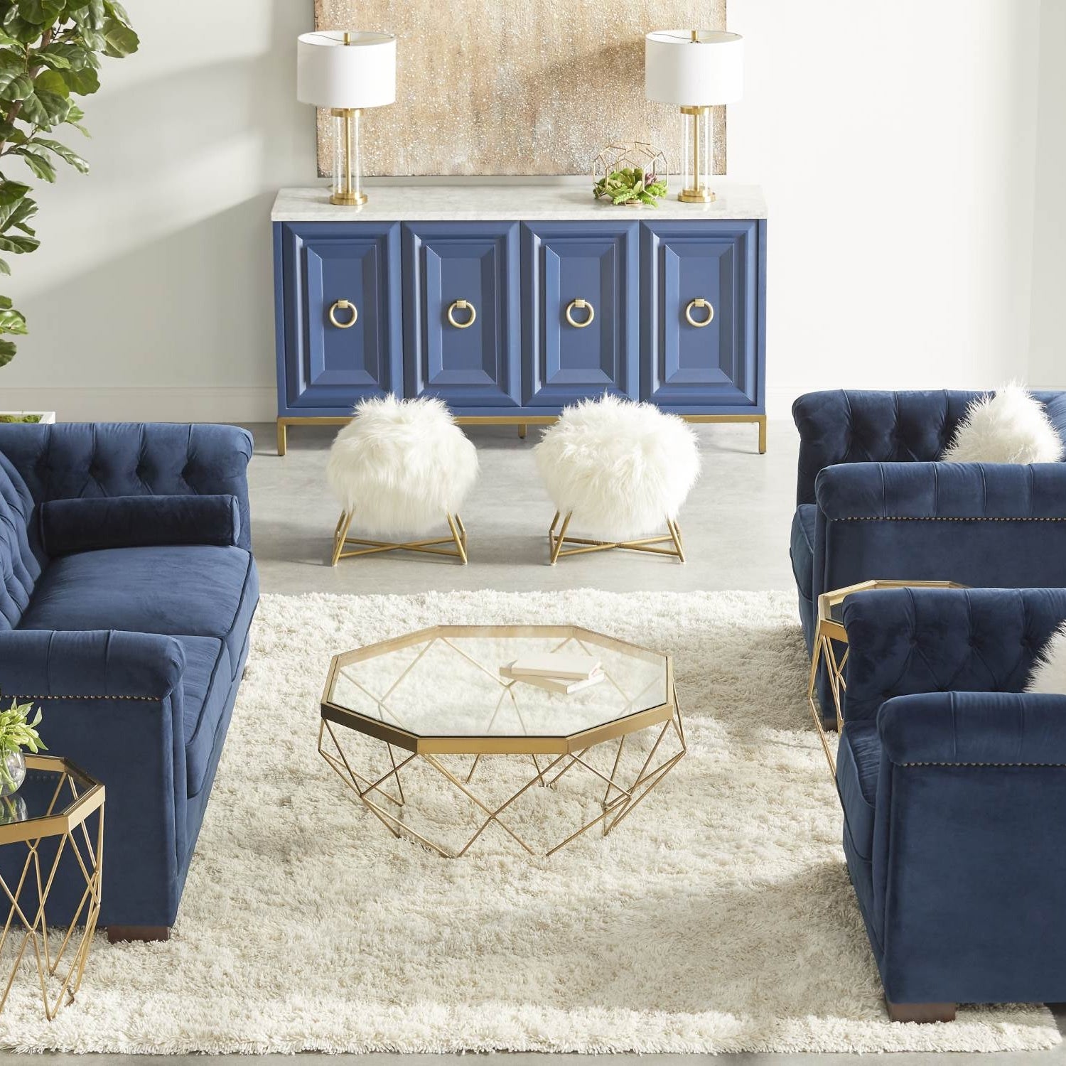 Azure Carrera Media Sideboard in navy lacquer with Italian Carrera marble and brushed gold by Essentials for Living