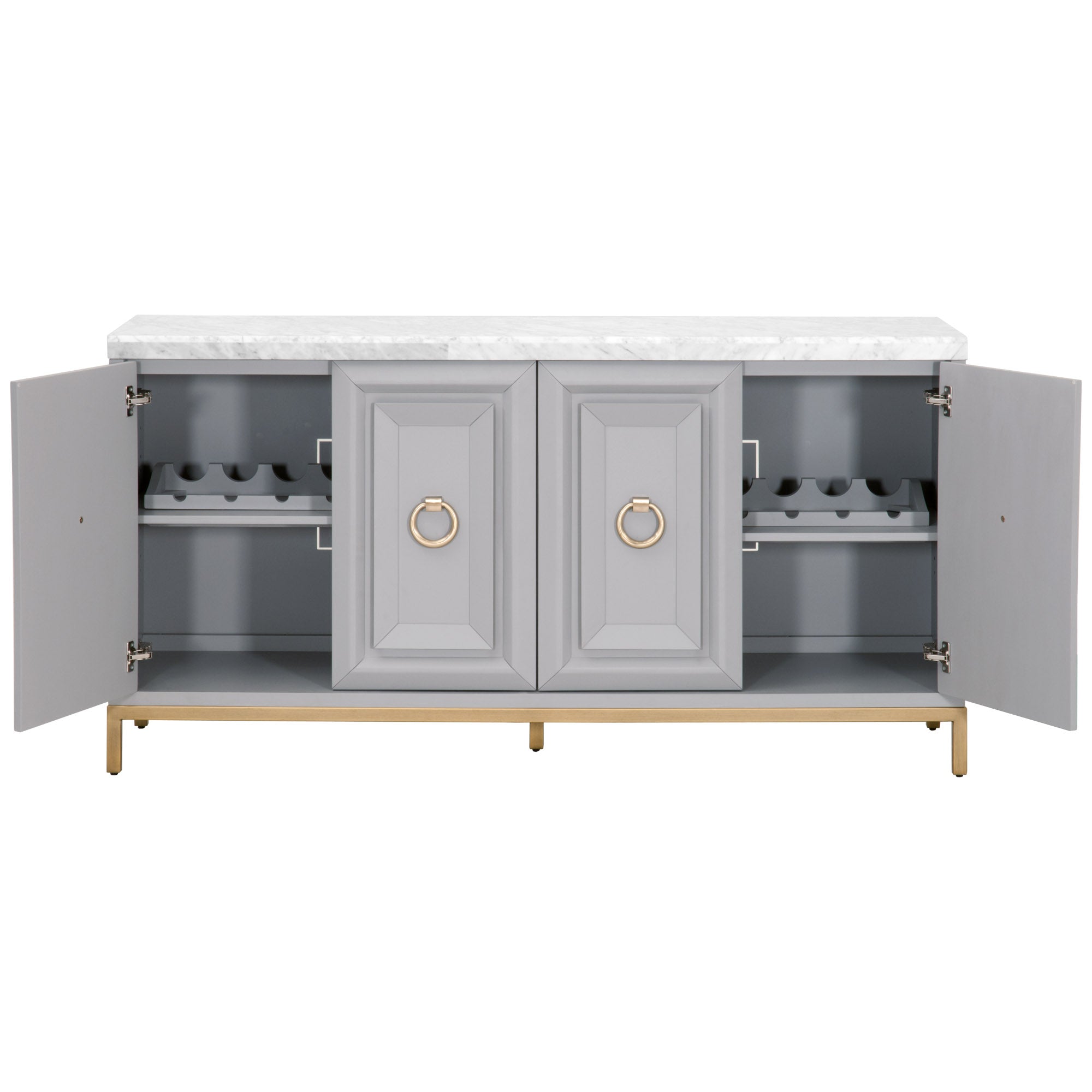 Azure Carrera Media Sideboard with Italian marble top, navy lacquer wood, brushed gold accents, and storage by Essentials for Living