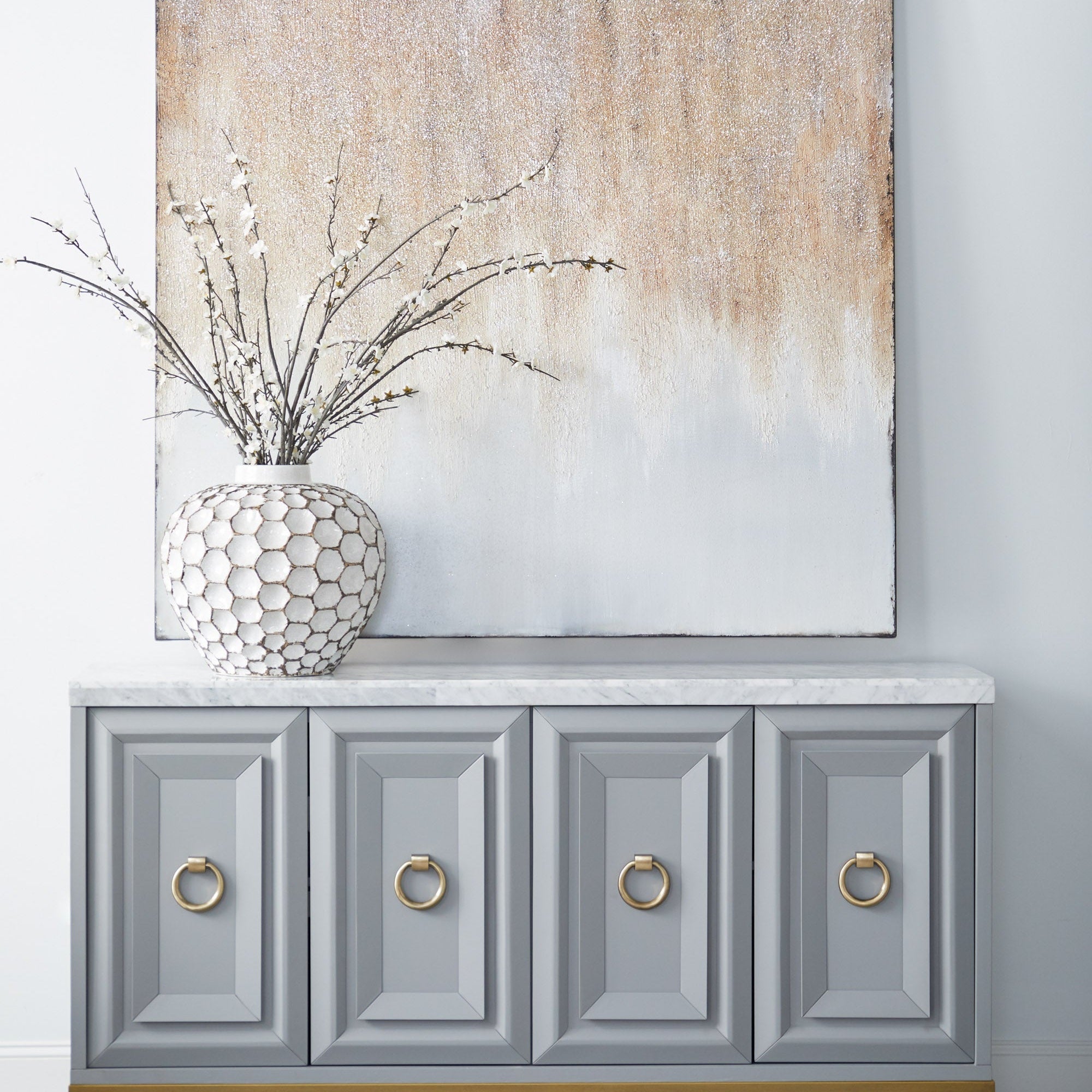 Azure Carrera Media Sideboard with marble top and brushed gold accents in gray lacquer by Essentials for Living