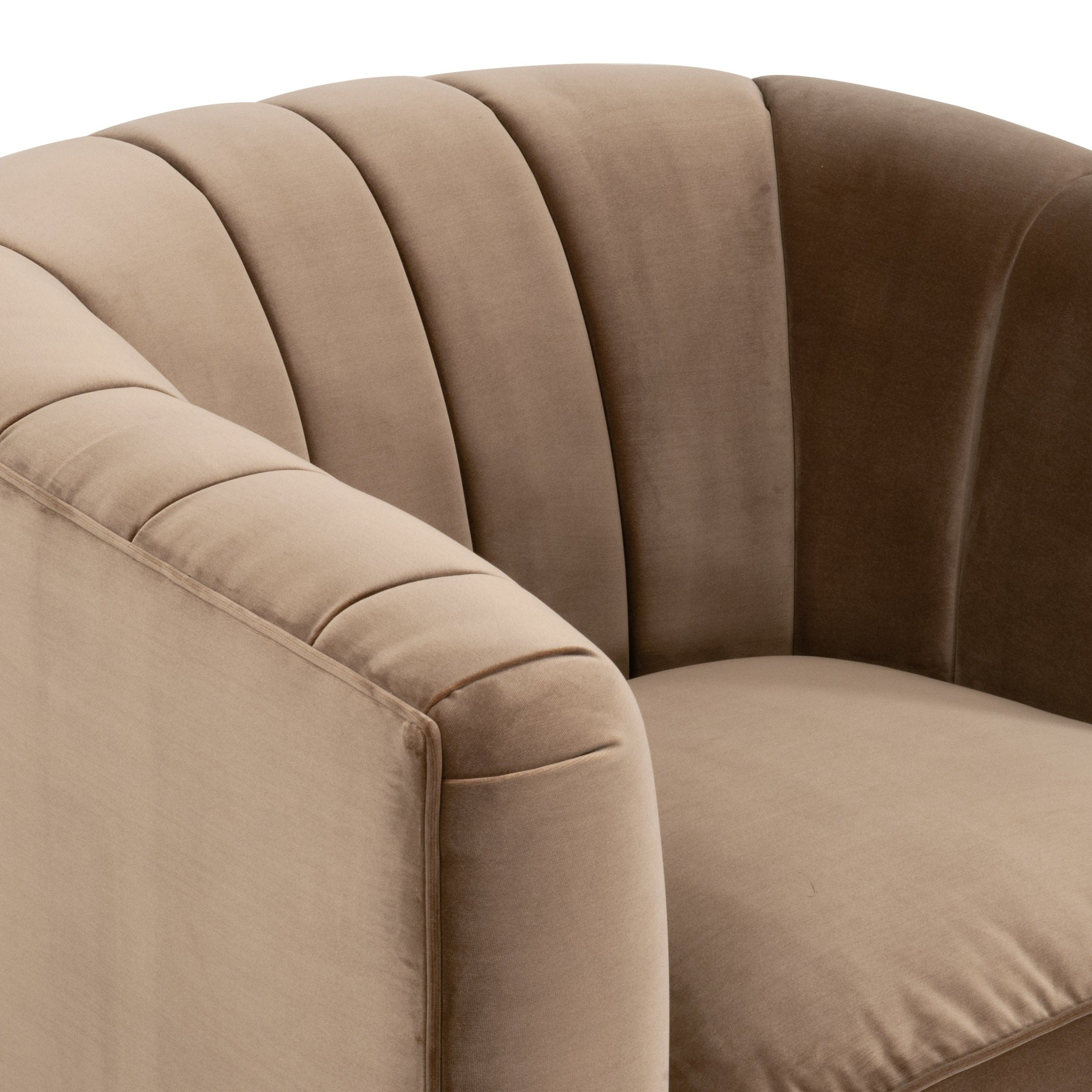 Close-up of Bronx Channel Back Sofa Chair in caramel velvet with vertical channel stitching by Essentials For Living