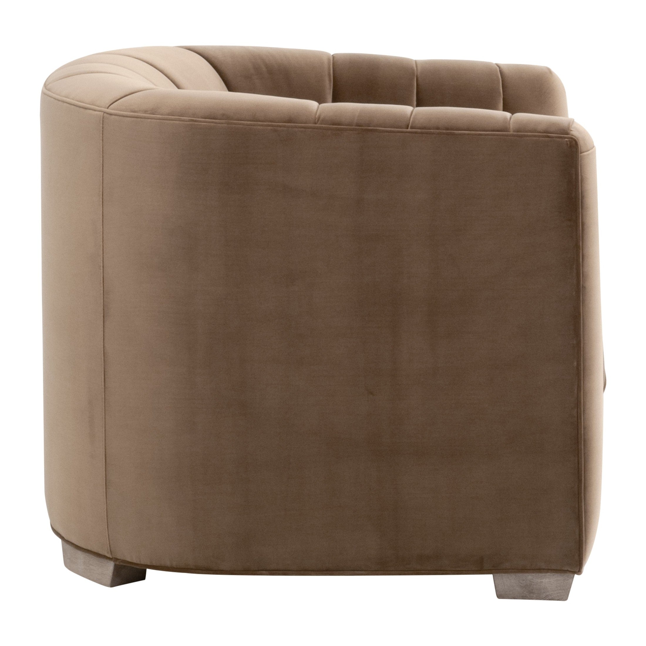 Side view of Bronx Channel Back Sofa Chair in caramel velvet with natural oak feet by Essentials for Living