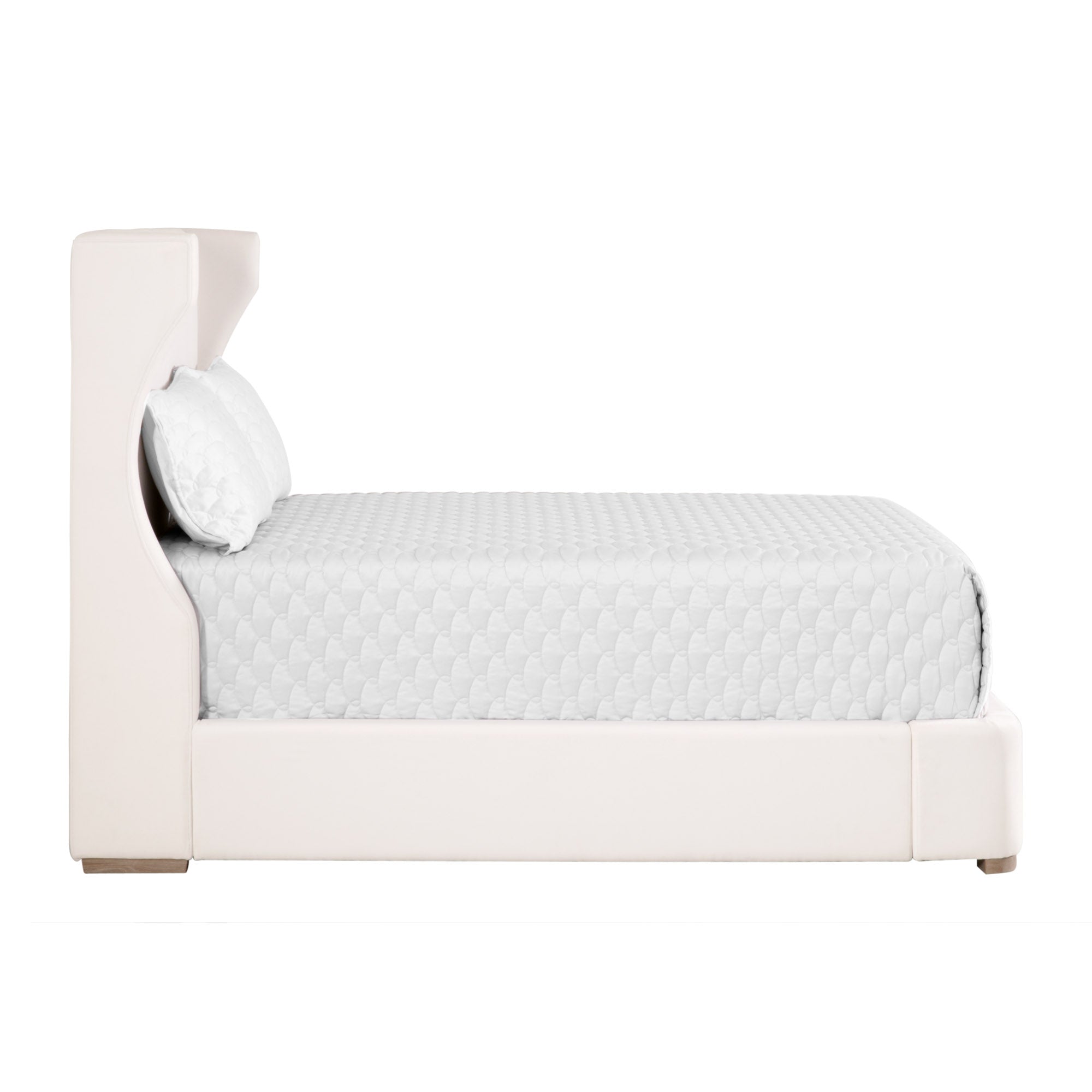 Side view of the Balboa Queen Bed with curved wingback headboard in Peyton Pearl fabric by Essentials for Living