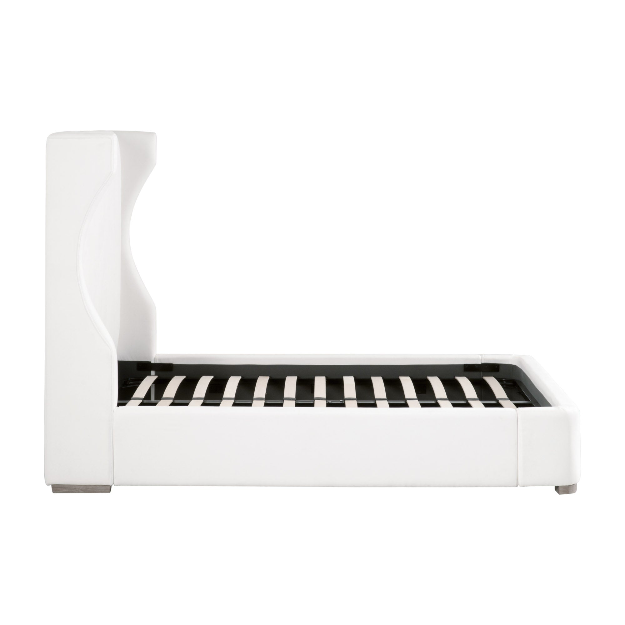 Balboa Cal King Bed in white upholstery with wingback headboard and slat system by Essentials for Living