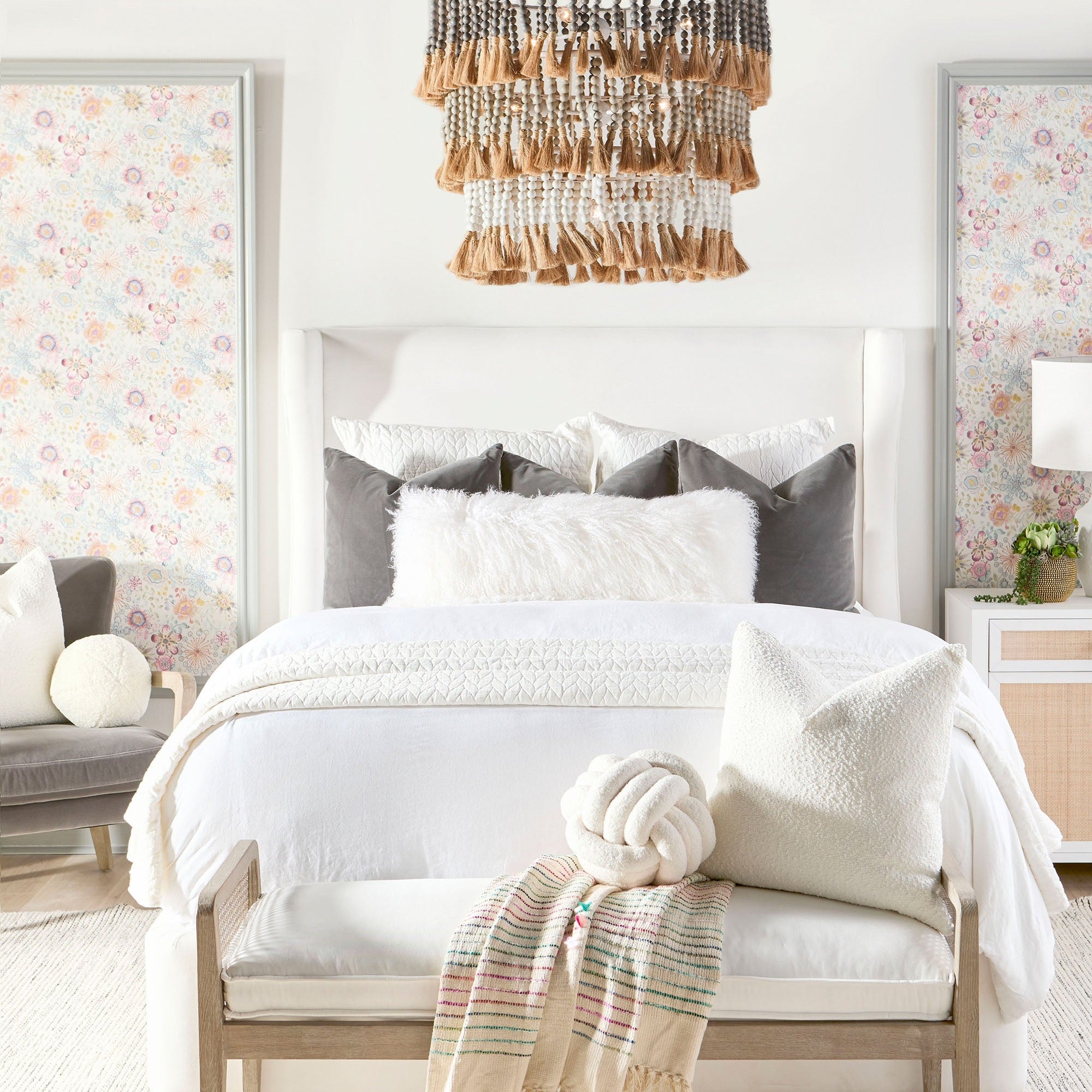 Balboa Cal King Bed with wingback headboard in Peyton Pearl fabric and natural gray oak legs by Essentials for Living