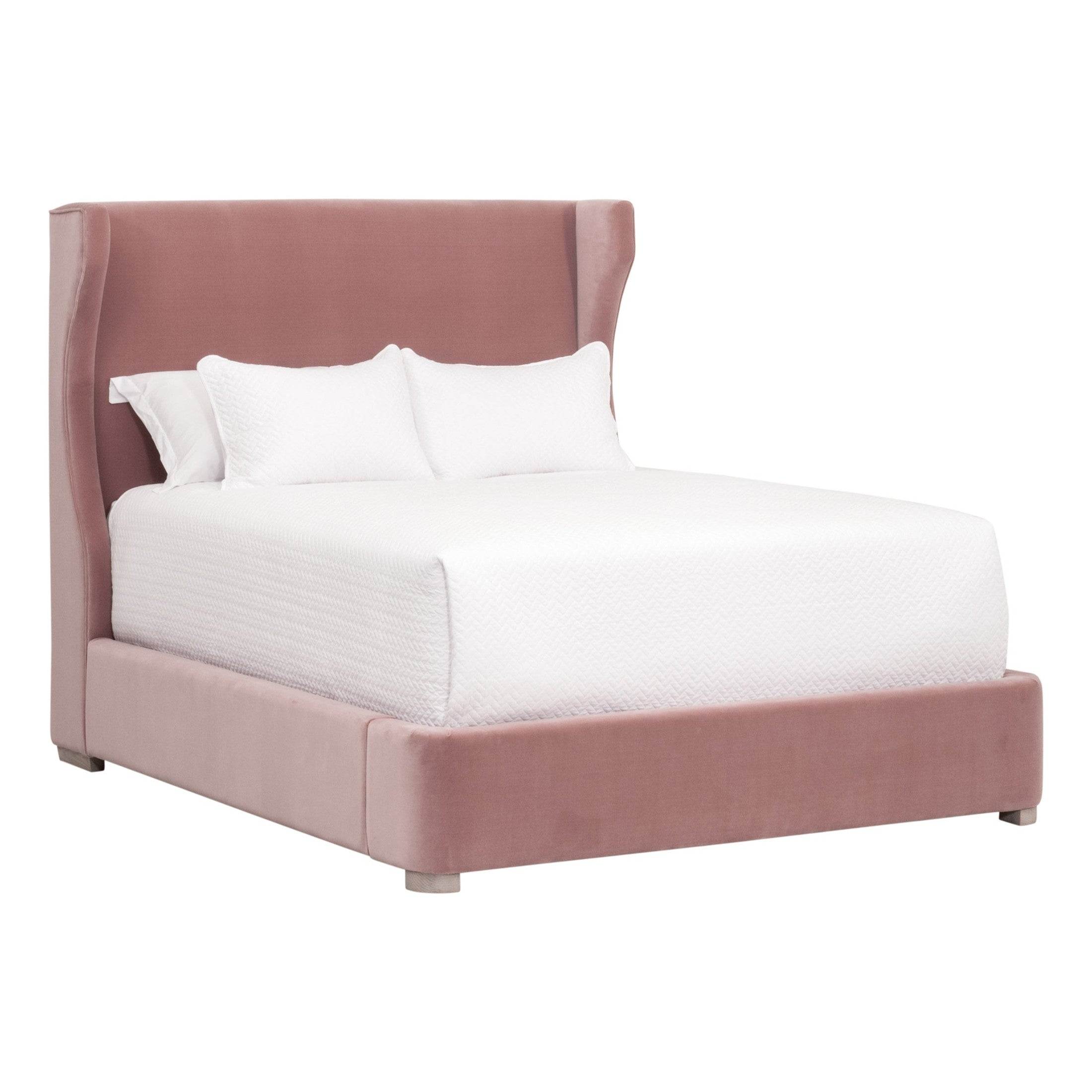 Balboa Queen Bed in pink fabric with wingback headboard and curved footboard by Essentials for Living