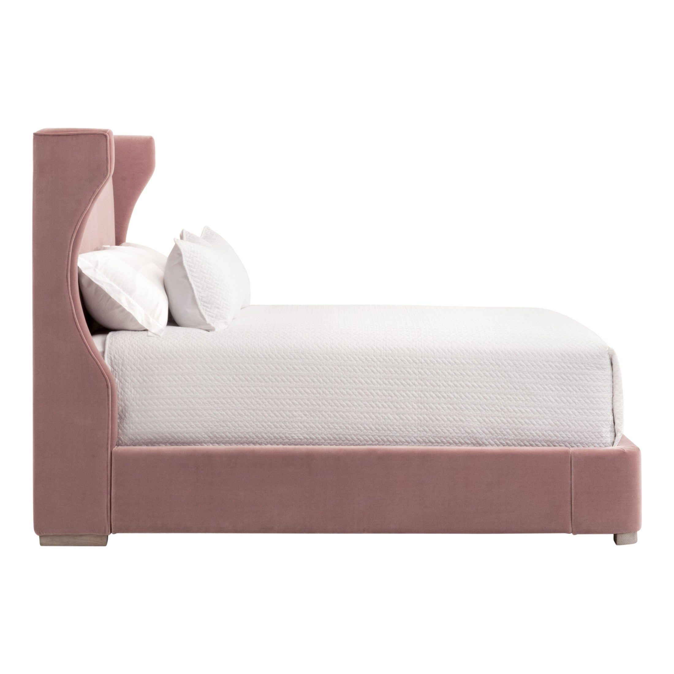 Balboa Queen Bed with curved wingback headboard and piped edges in Peyton Pearl fabric by Essentials for Living