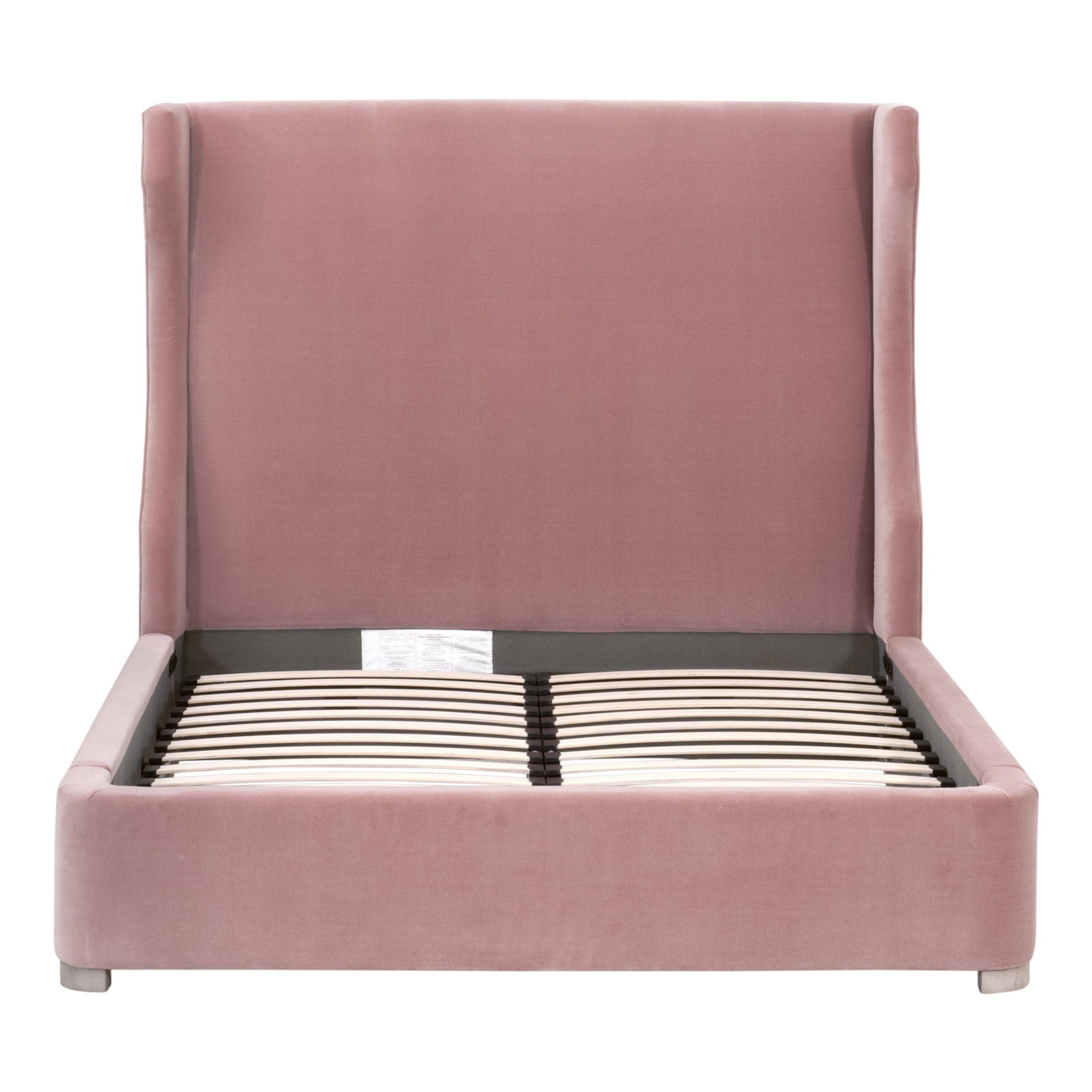 Balboa Queen Bed with curved wingback headboard in pink fabric by Essentials for Living