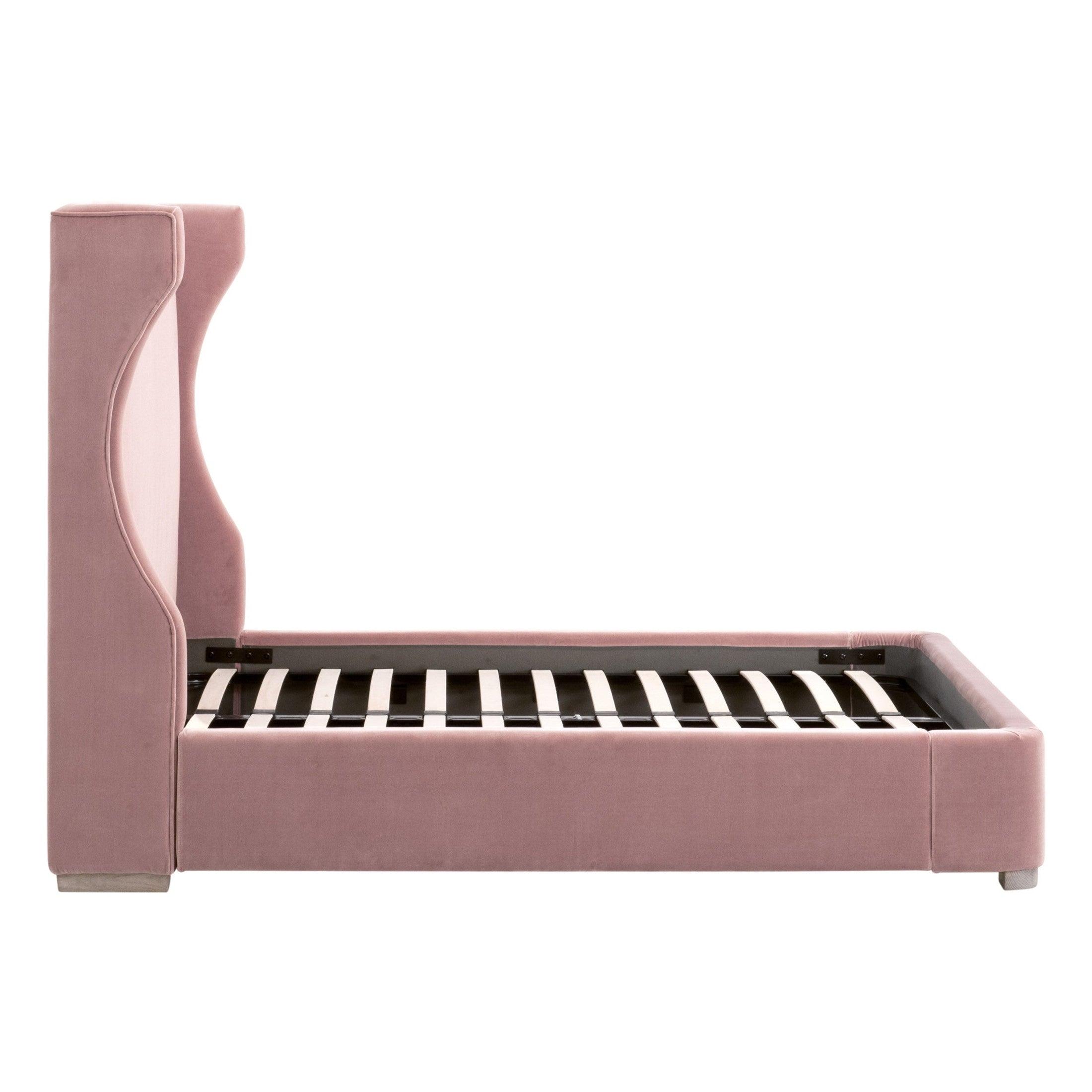 Balboa Queen Bed with curved wingback headboard in pink upholstery and metal slat system by Essentials for Living