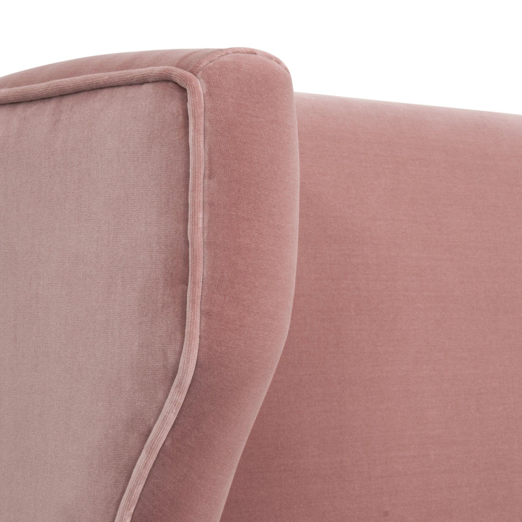 Close-up of Balboa Queen Bed wingback headboard with piped edges in Peyton Pearl fabric by Essentials for Living