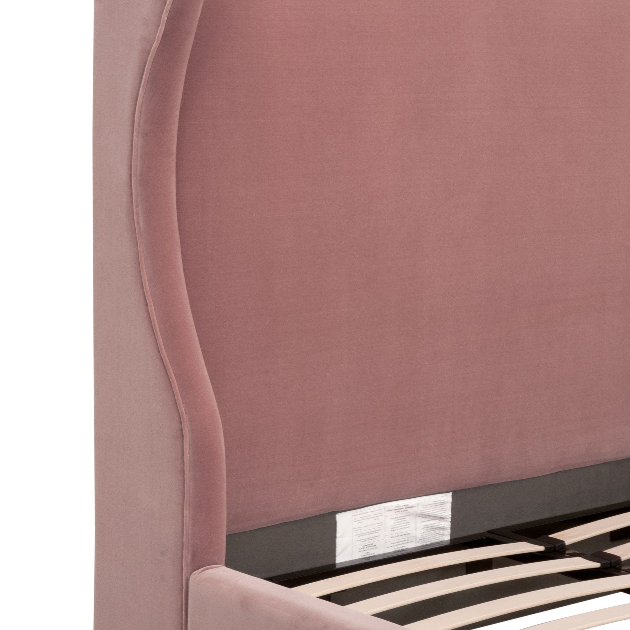Curved wingback headboard detail of Balboa Queen Bed in Peyton Pearl fabric by Essentials for Living