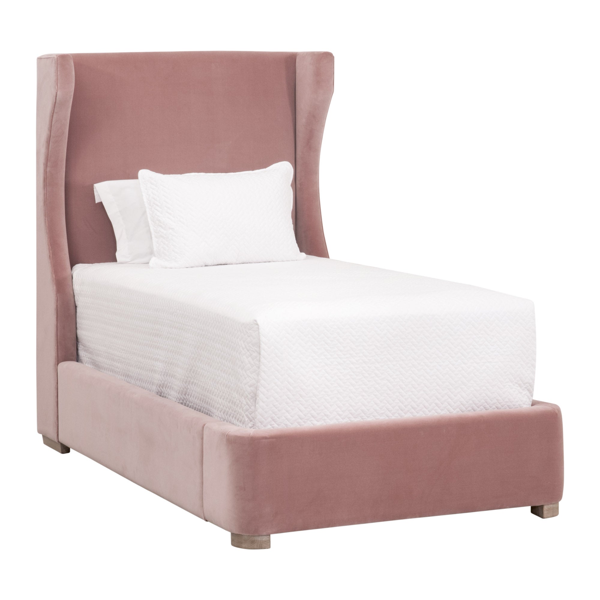 Balboa Twin Bed in soft Petal Velvet upholstery with wingback headboard and natural gray oak feet by Essentials For Living
