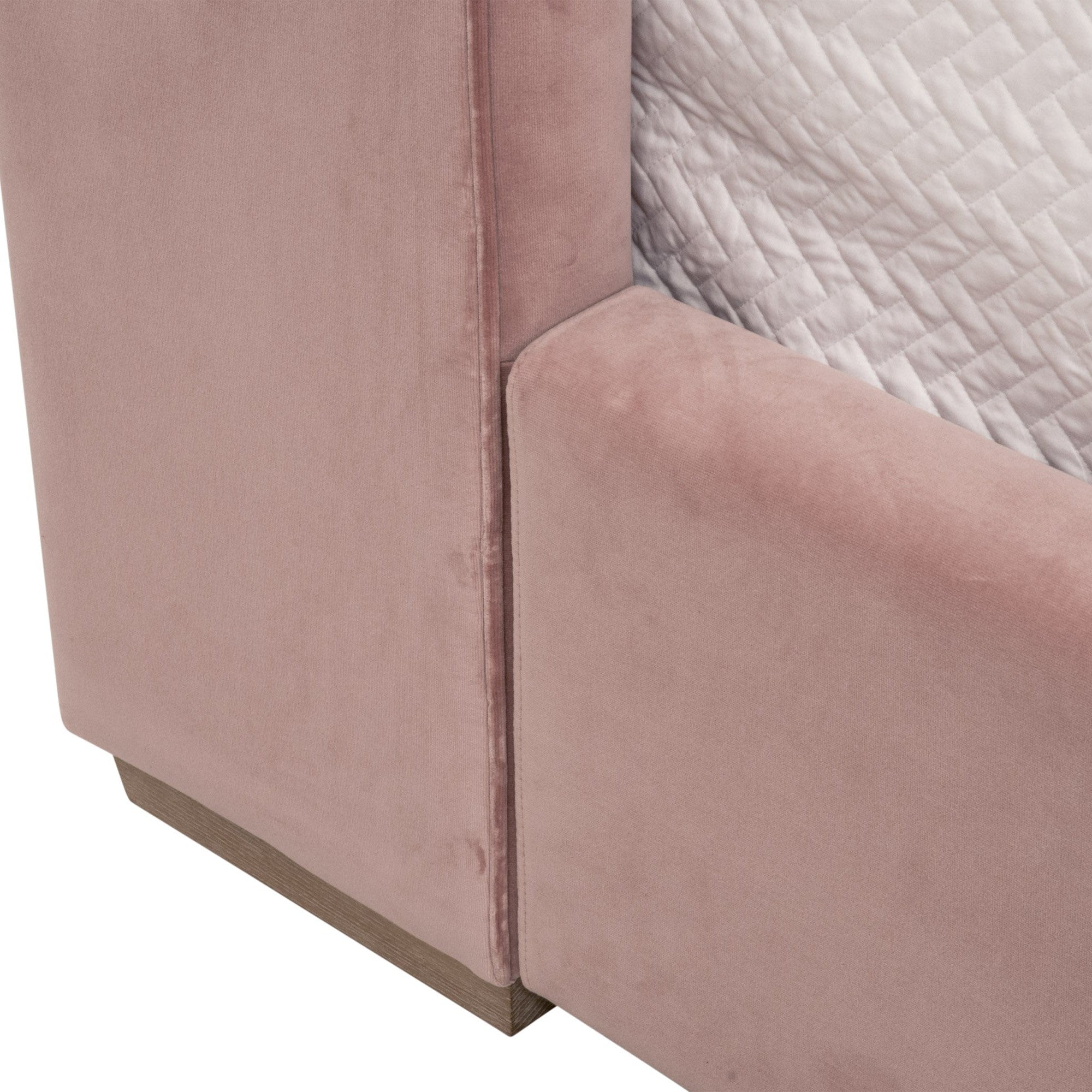 Close-up of Balboa Twin Bed in soft Petal Velvet upholstery with natural gray oak feet by Essentials For Living