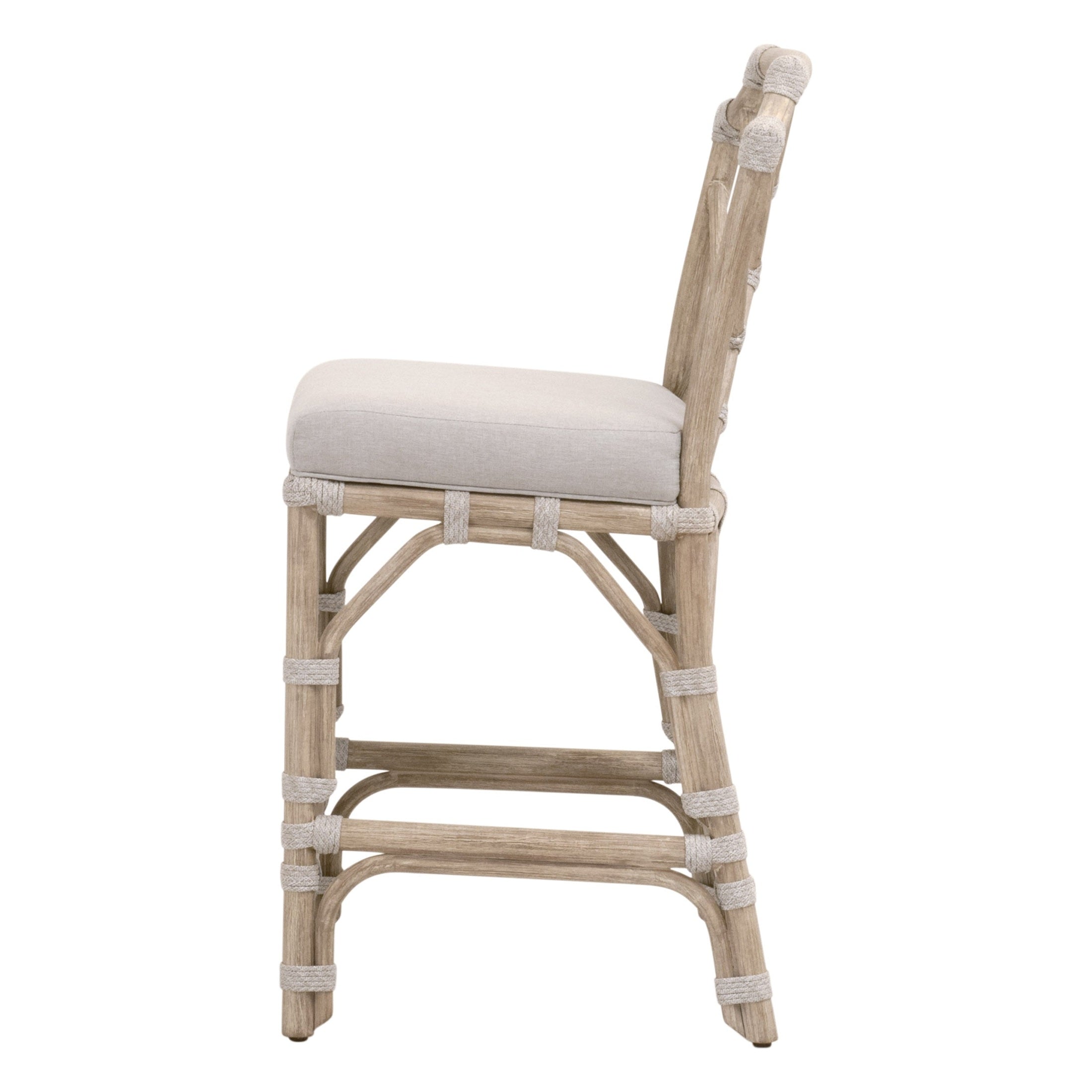 Side view of Bayview Counter Stool with taupe cushion and natural gray mahogany frame by Essentials for Living