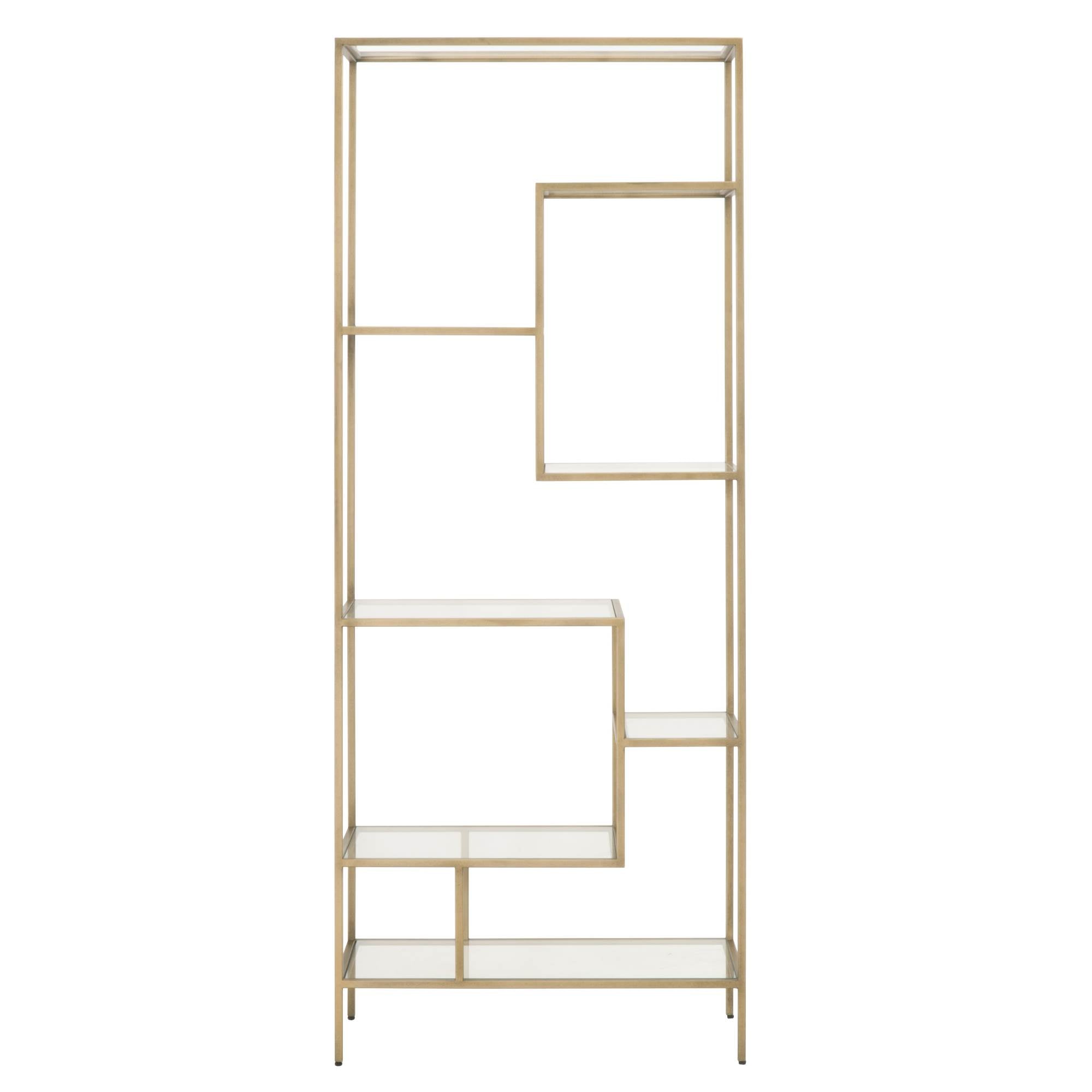 Beakman Bookcase with brass-finished metal frame and clear glass shelves by Essentials For Living