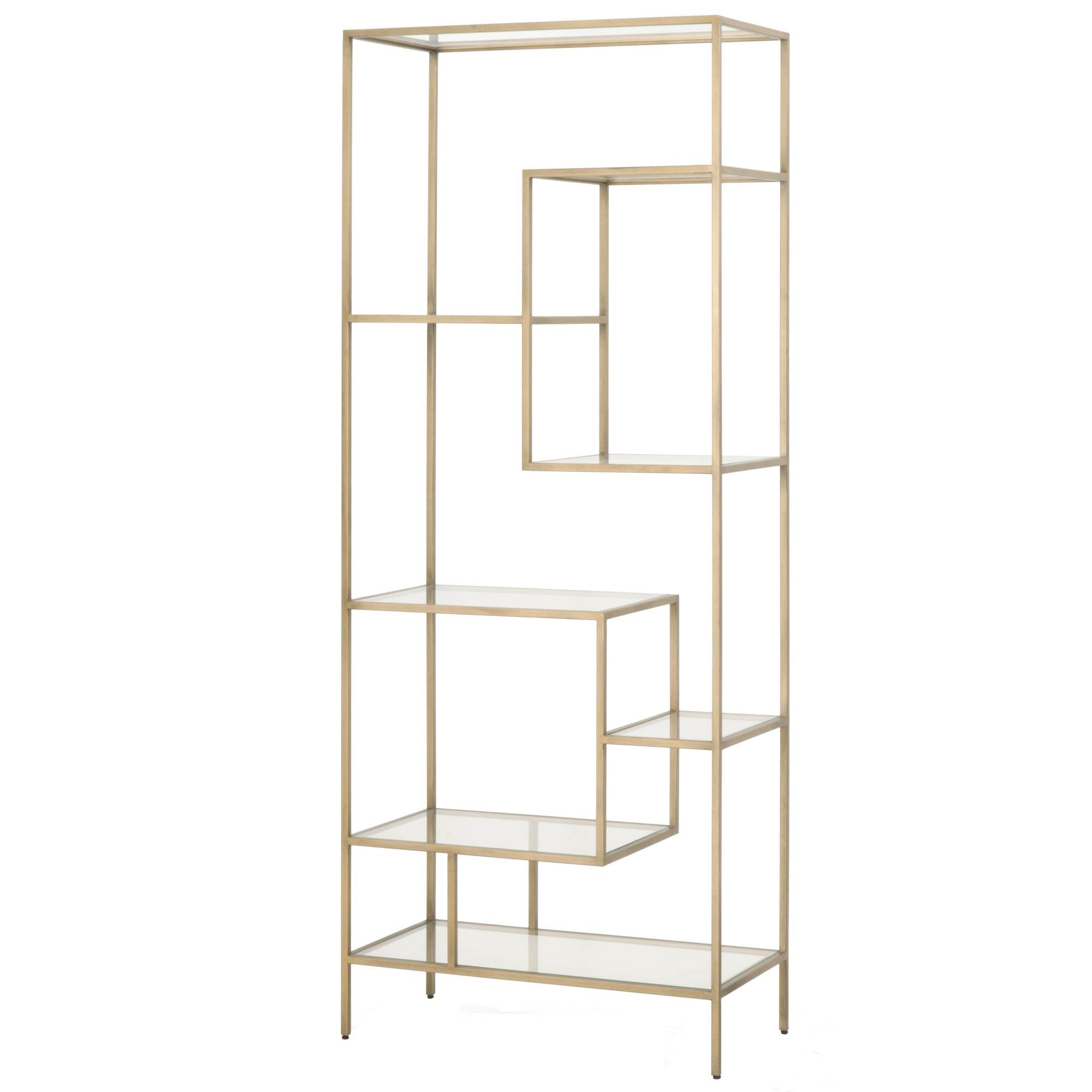 Beakman Bookcase with brass metal frame and clear glass shelves in geometric design by Essentials for Living