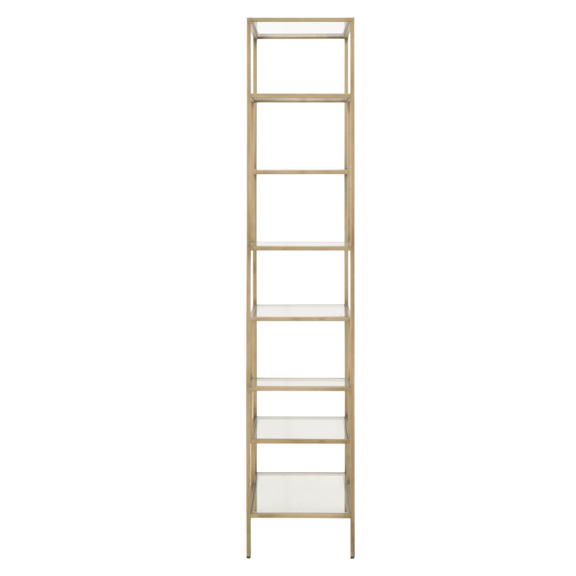 Beakman Bookcase with brass metal frame and clear glass shelves, sleek and modern design by Essentials for Living