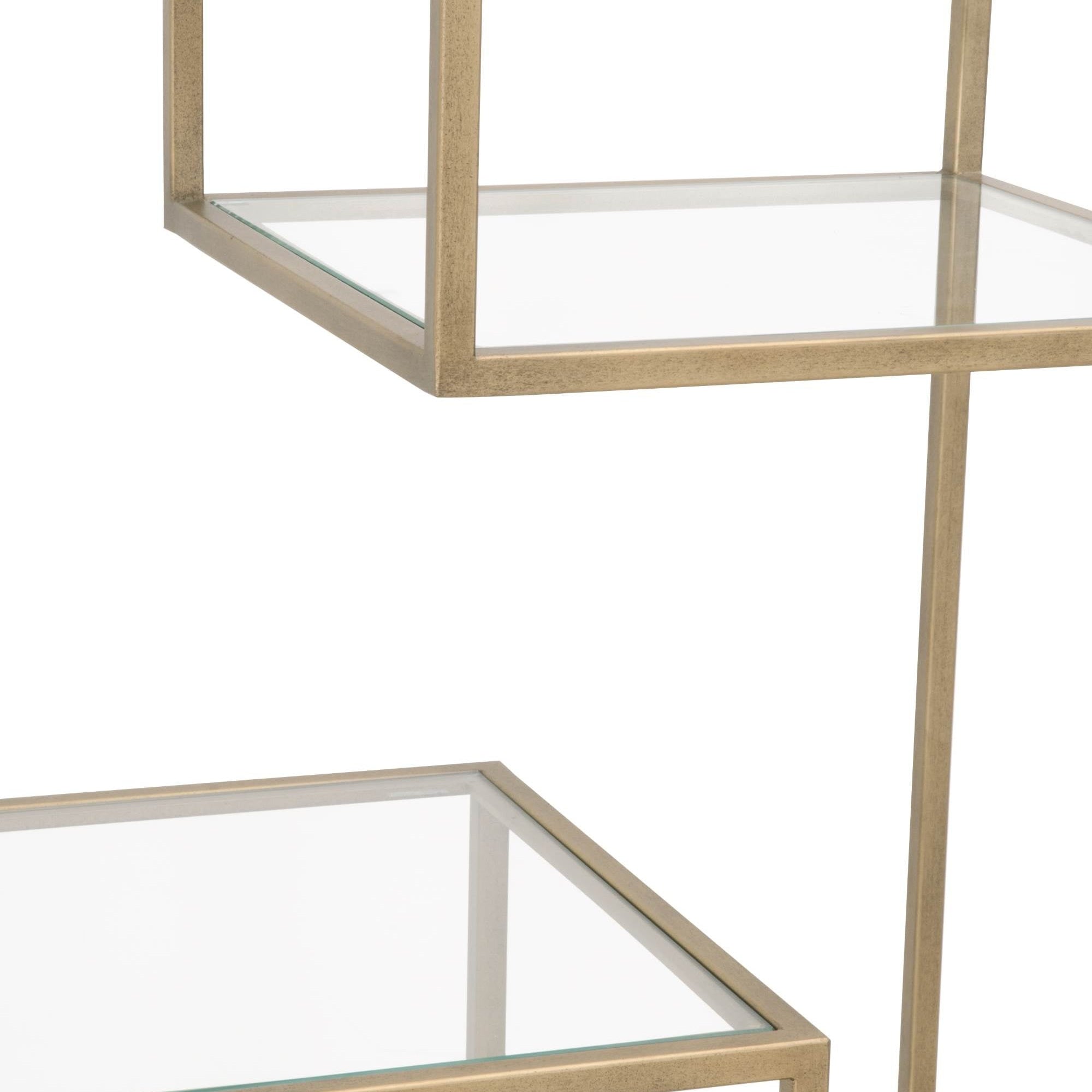 Close-up of Beakman Bookcase with brass metal frame and clear tempered glass shelves by Essentials for Living