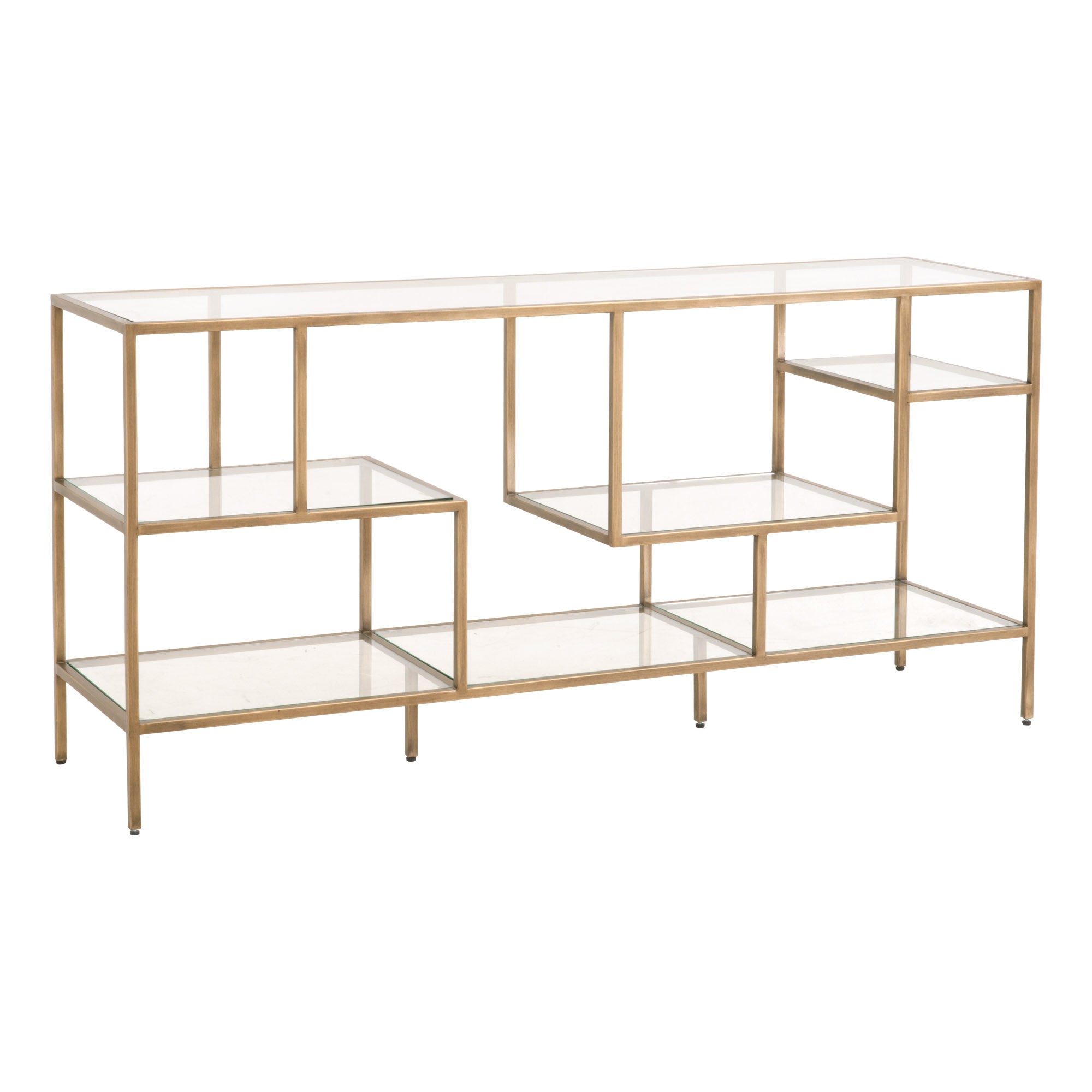 Beakman Low Bookcase with brass metal frame and clear tempered glass shelves by Essentials for Living
