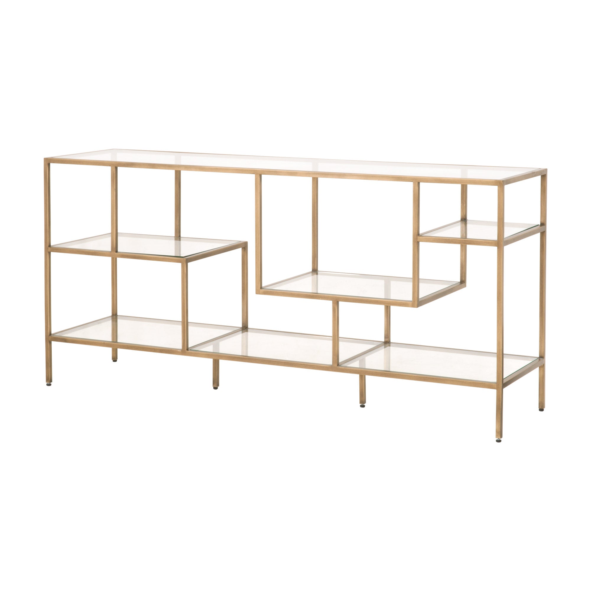 Beakman Low Bookcase with brass metal frame and clear glass shelves in a modern geometric design by Essentials for Living