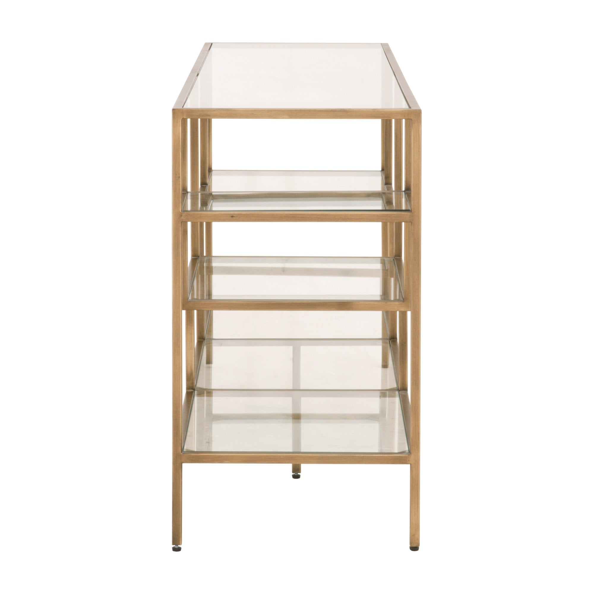 Beakman Low Bookcase with brass frame and clear tempered glass shelves, modern design by Essentials for Living